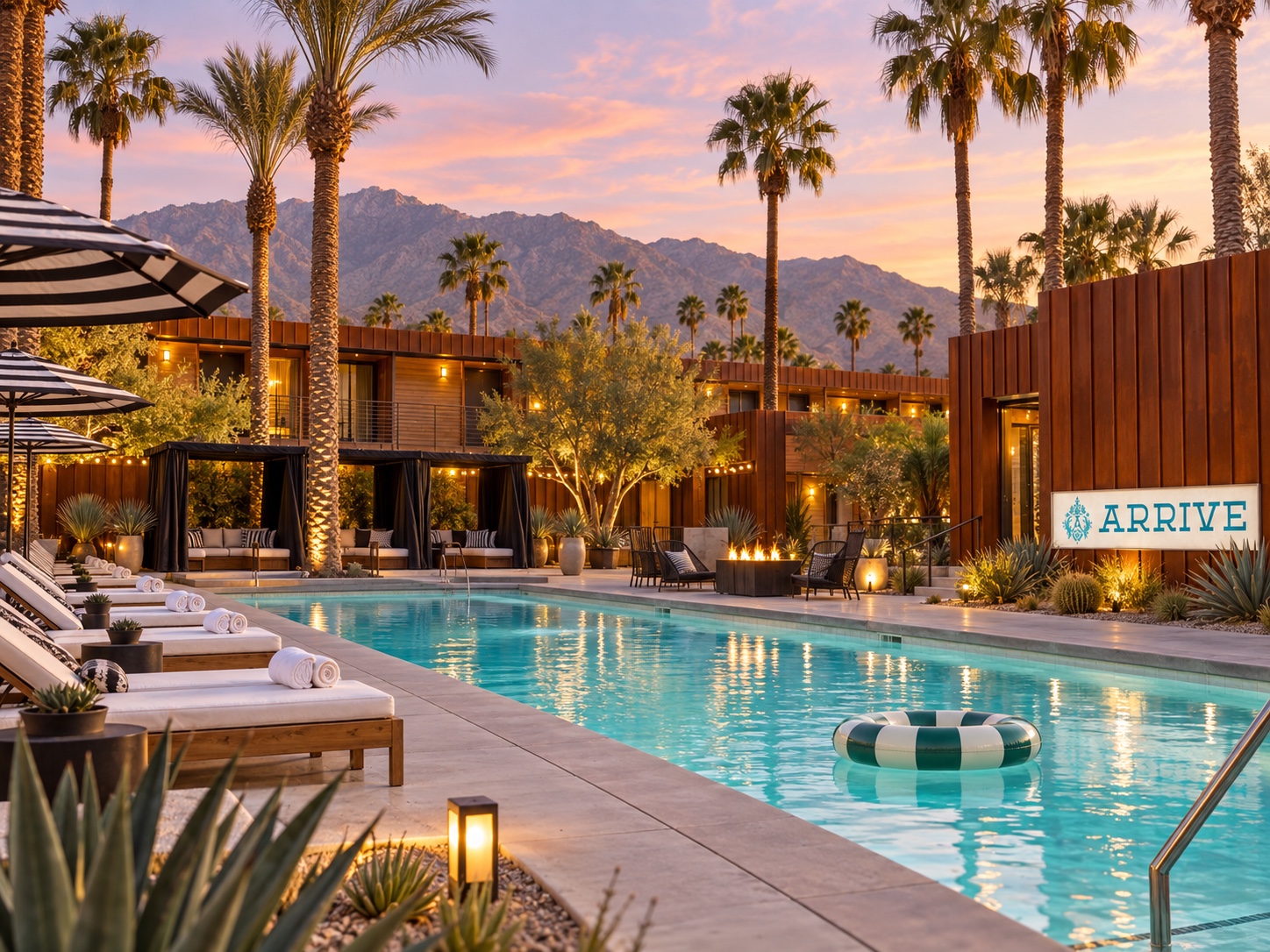 ARRIVE Palm Springs pool at sunset with mountain views