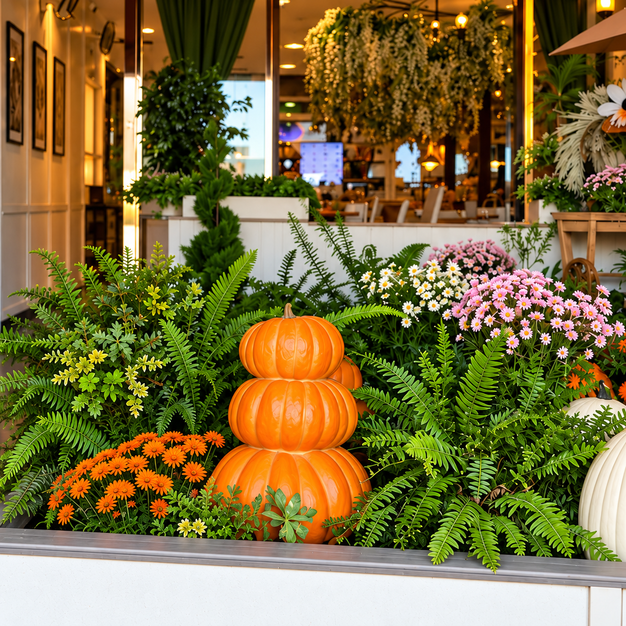 Pumpkins, flowers and greenery filling the entrance to Baci Coffee House