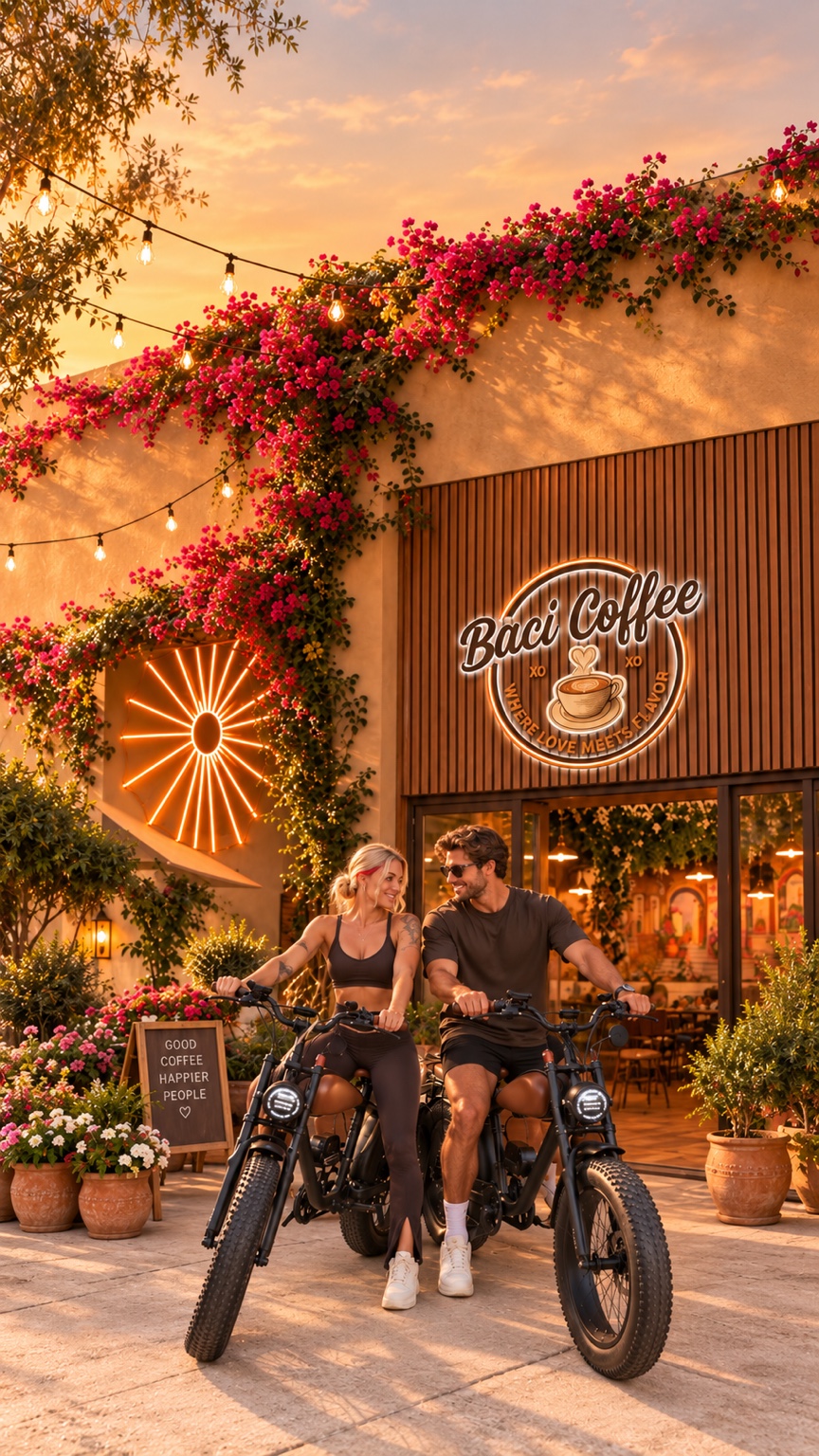 Lana and Kyle outside Baci Coffee House at sunset
