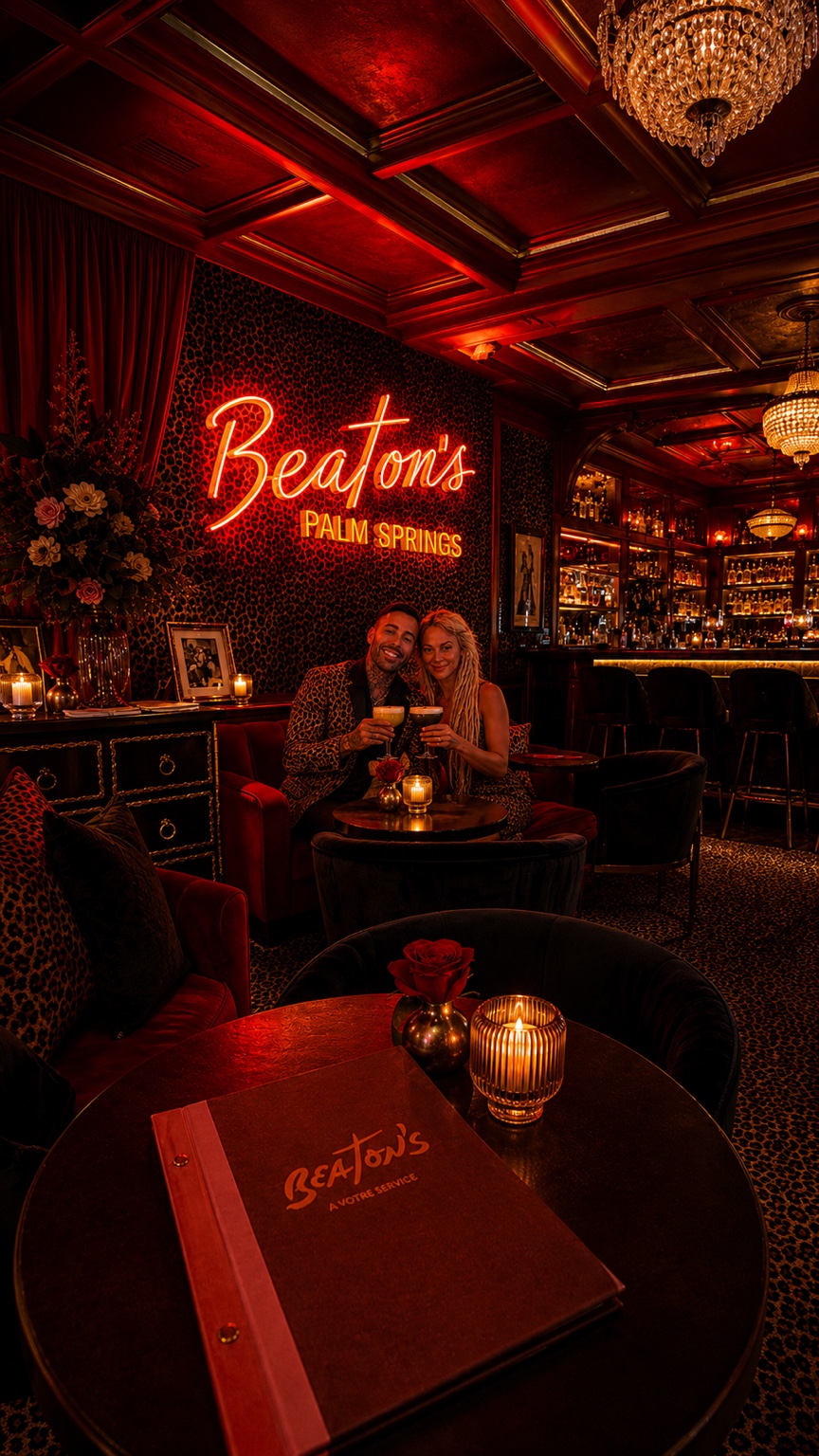 Lana and Kyle holding cocktails beneath the neon Beatons Palm Springs sign