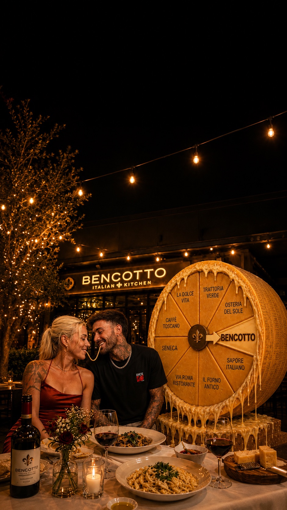 Lana and Kyle sharing pasta beside a giant cheese wheel outside Bencotto Italian Kitchen