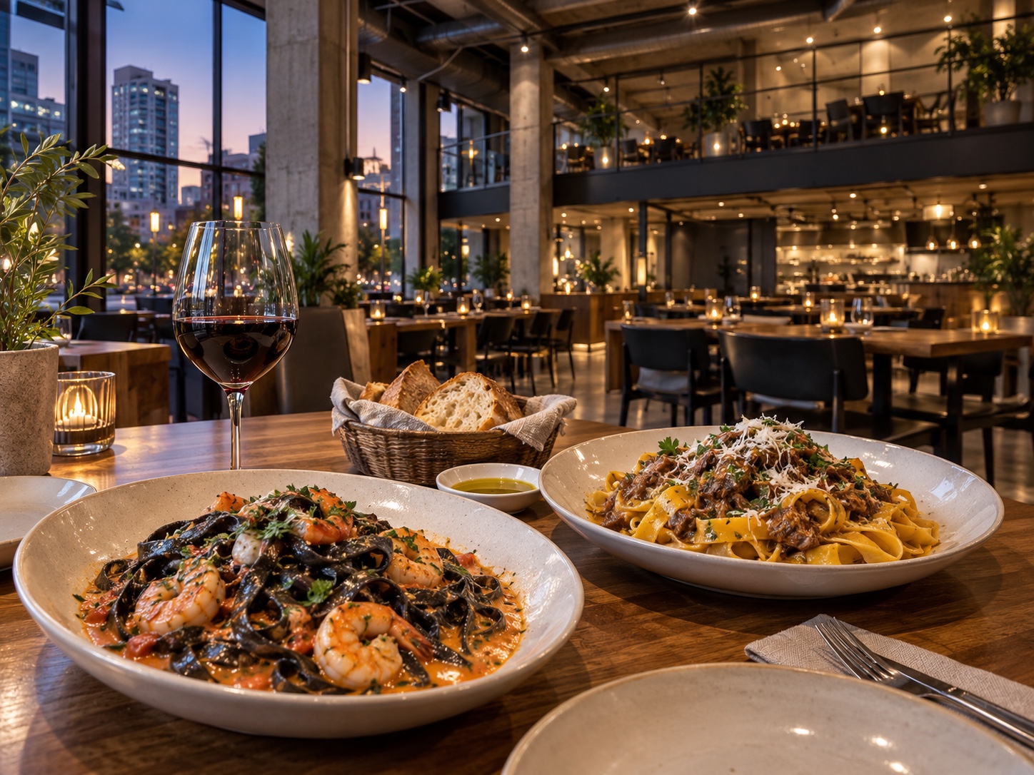 Fresh pasta dishes and red wine in an Italian dining room