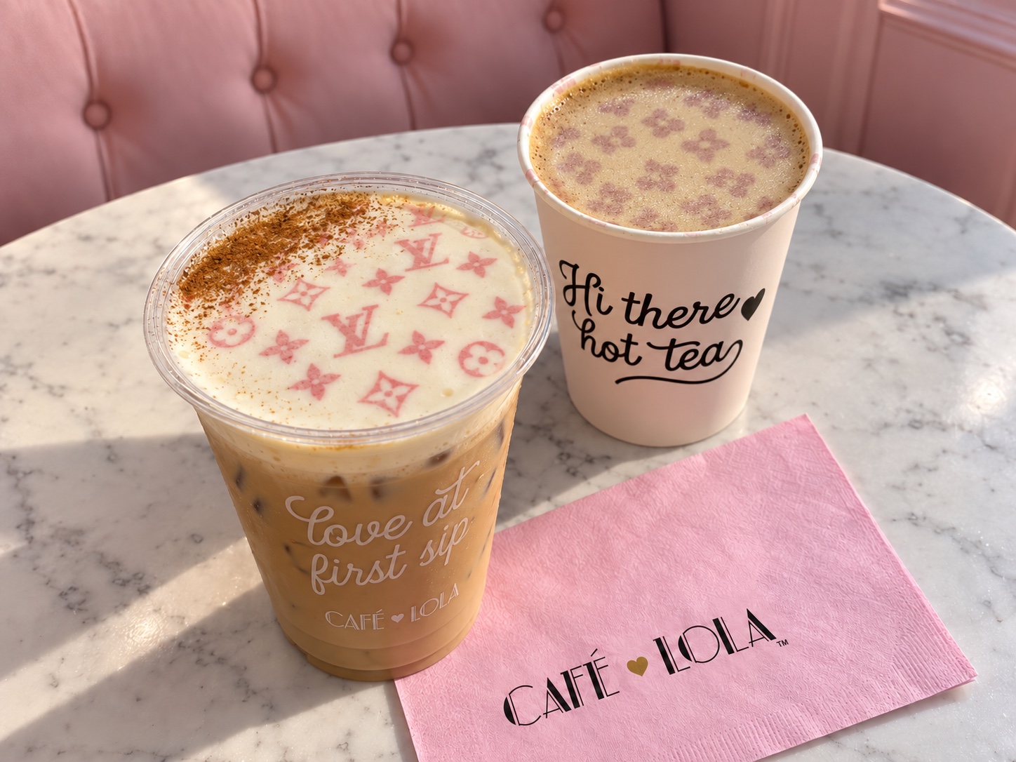 An iced latte and a hot latte on a marble table with a pink Café Lola napkin