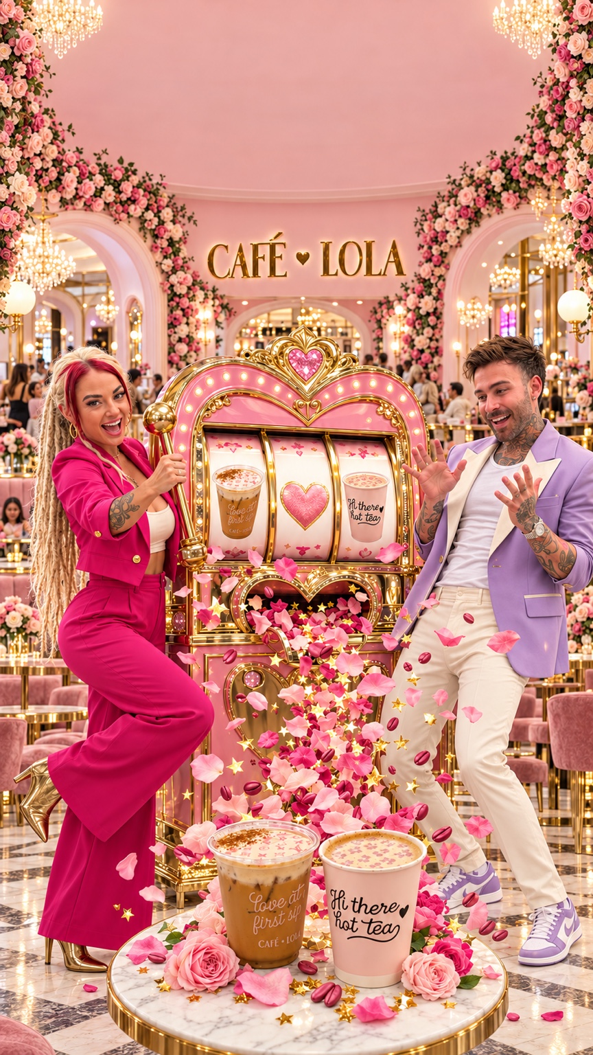 Lana and Kyle in a playful pink Café Lola cover illustration