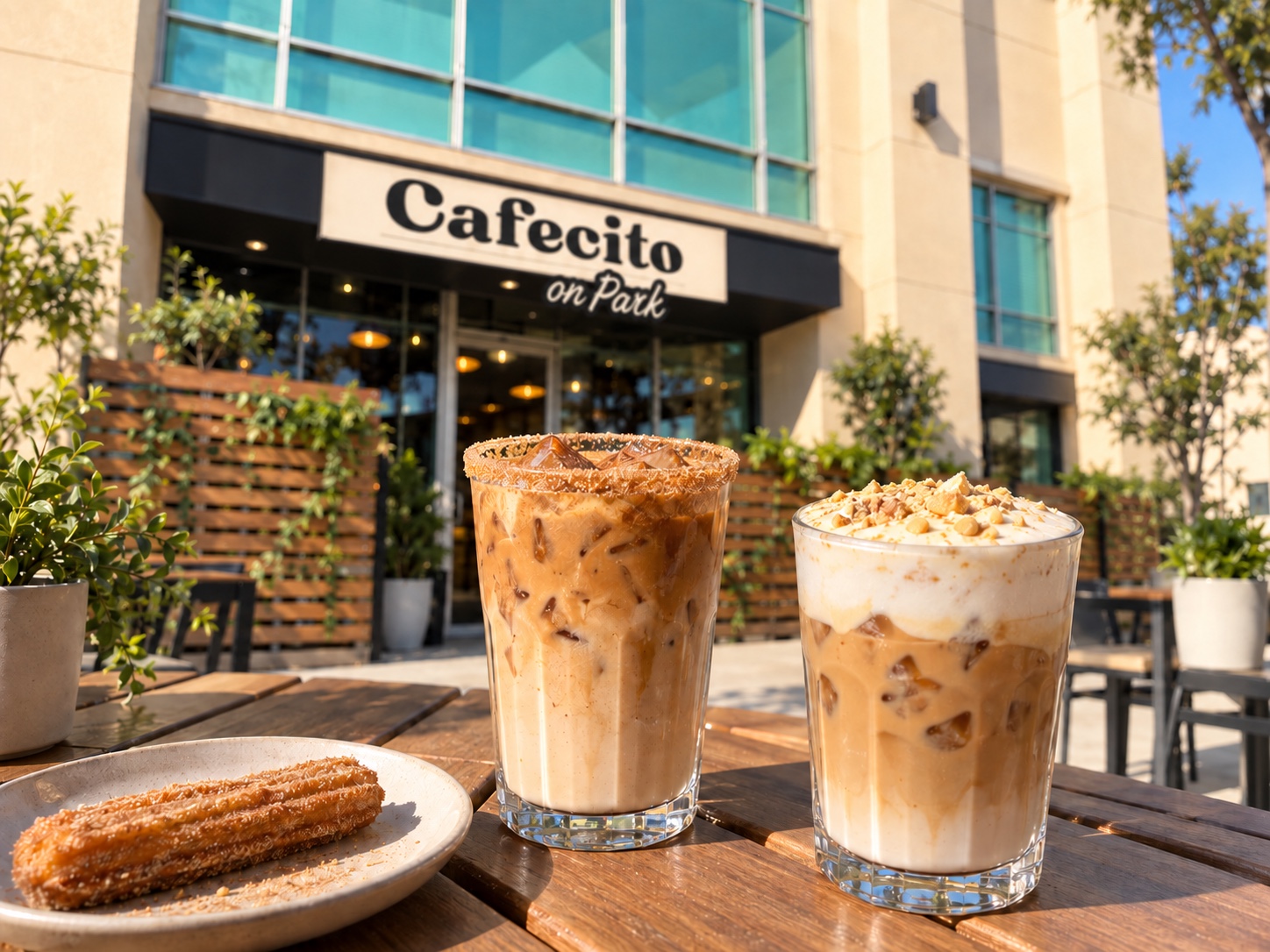 Two iced specialty coffees and a churro outside Cafecito on Park