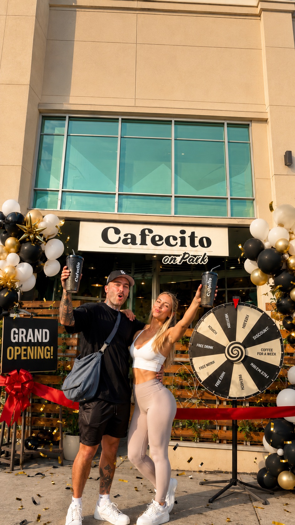 Lana and Kyle celebrating outside Cafecito on Park during its grand opening