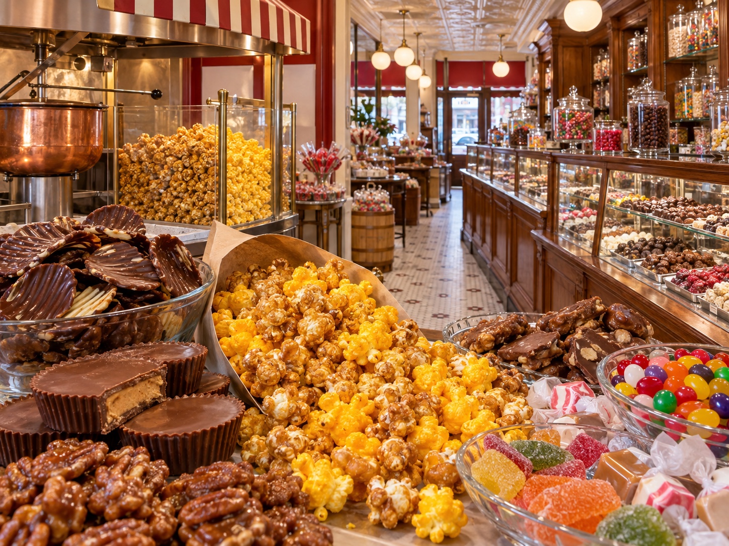 Fresh popcorn, chocolates and colorful candy inside an old fashioned candy shop
