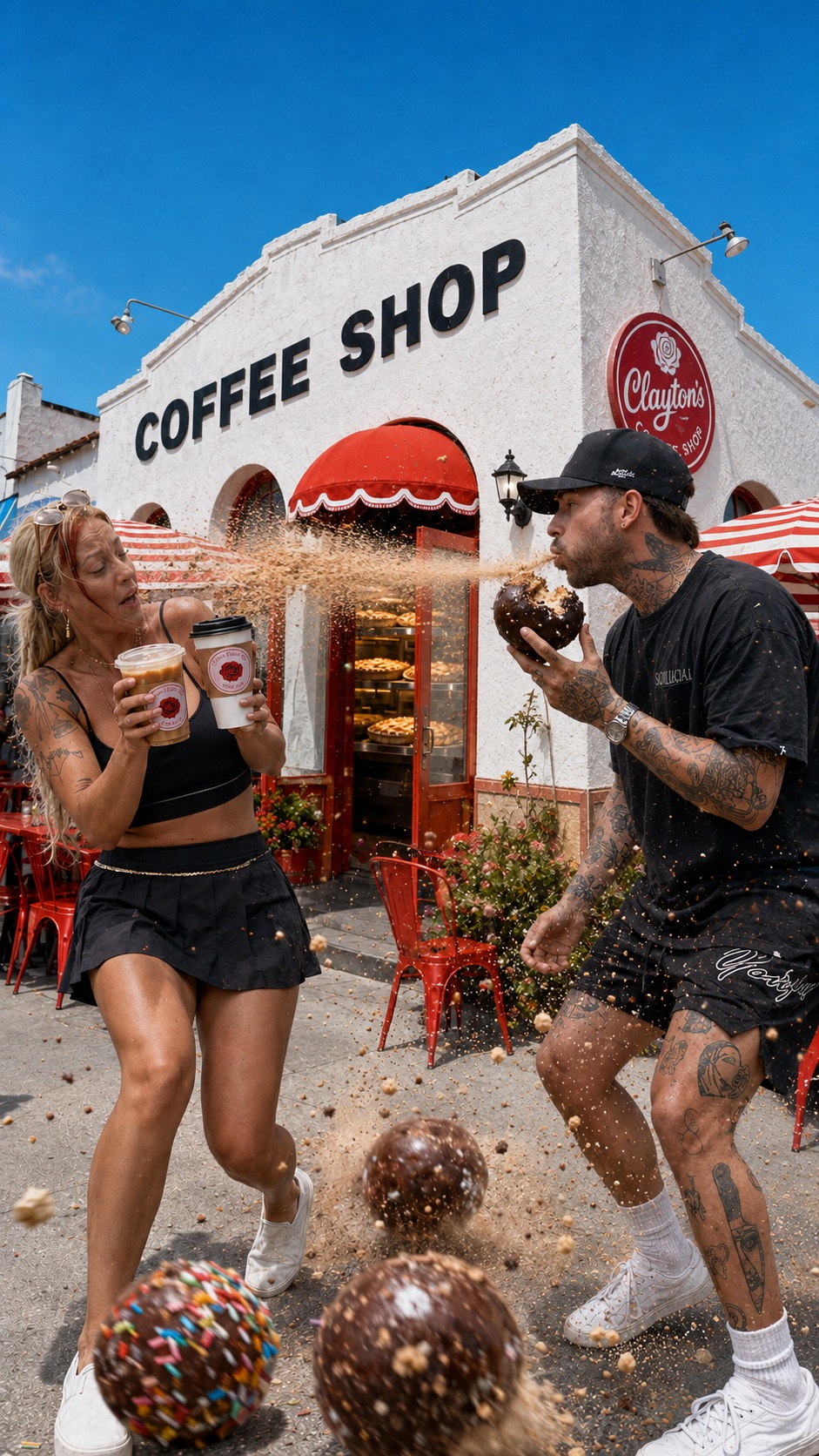 Lana and Kyle outside Clayton’s Coffee Shop in Coronado with coffee and donut holes