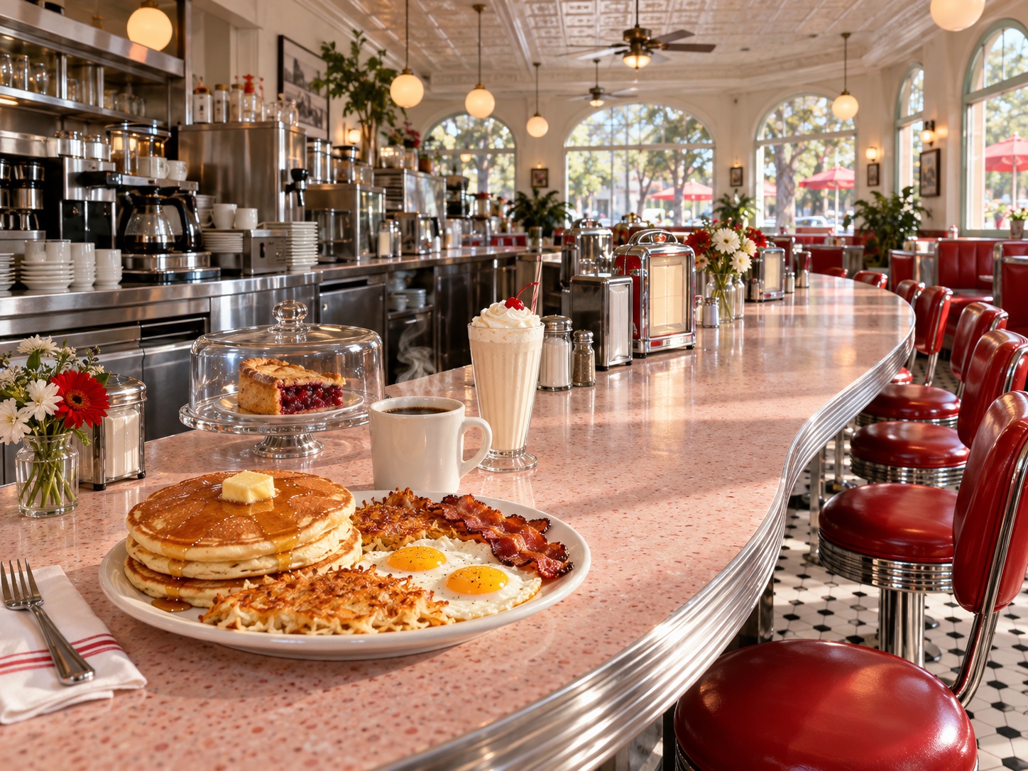 Classic diner counter with pancakes, eggs, bacon, coffee and pie