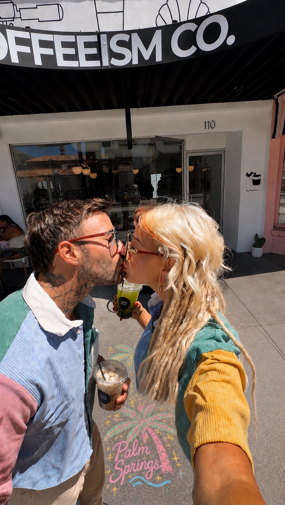 Lana and Kyle sharing their Coffeeism drinks outside the Palm Springs coffee shop