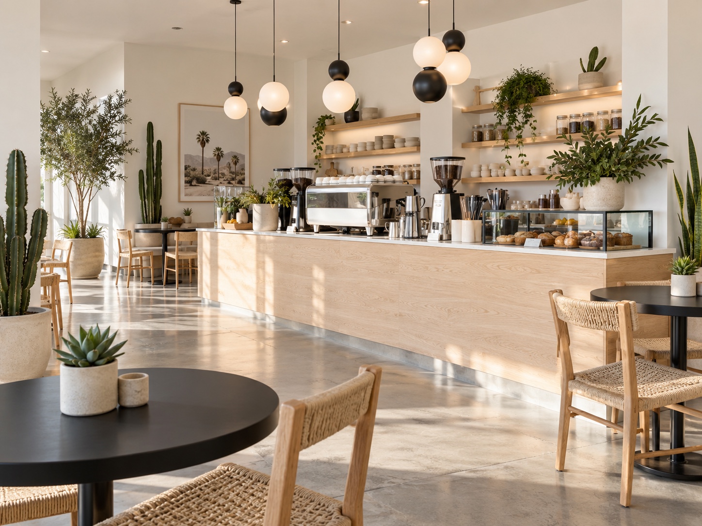 Bright modern Coffeeism café interior with desert plants and a light wood coffee bar
