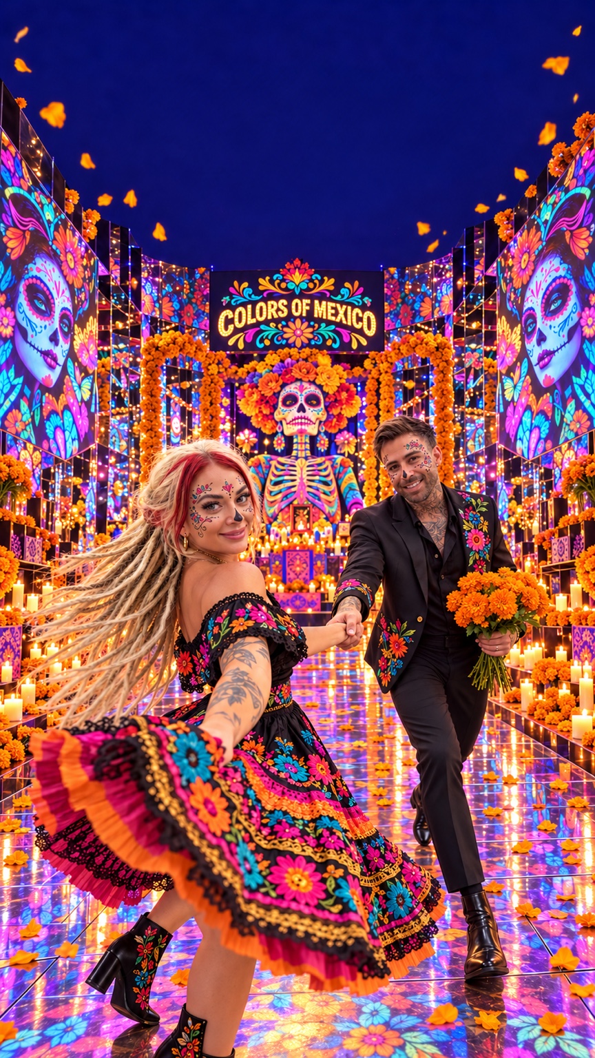 Lana and Kyle in a colorful Día de Muertos inspired scene at Colors of Mexico