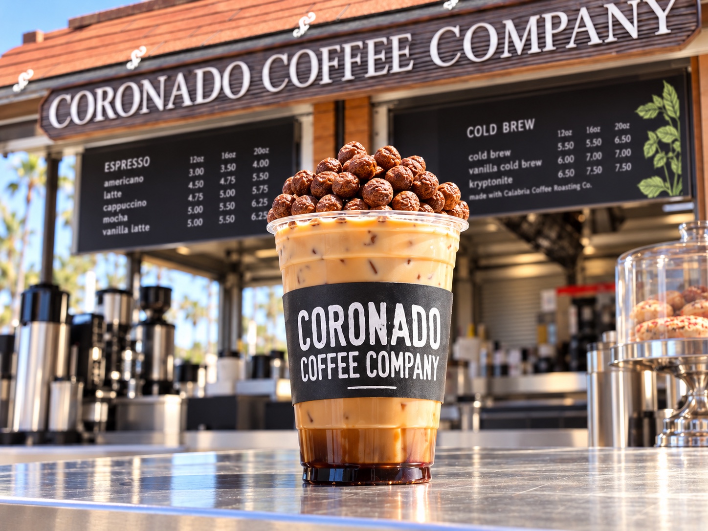 A Cocoa Puff topped iced latte in front of the Coronado Coffee Company stand
