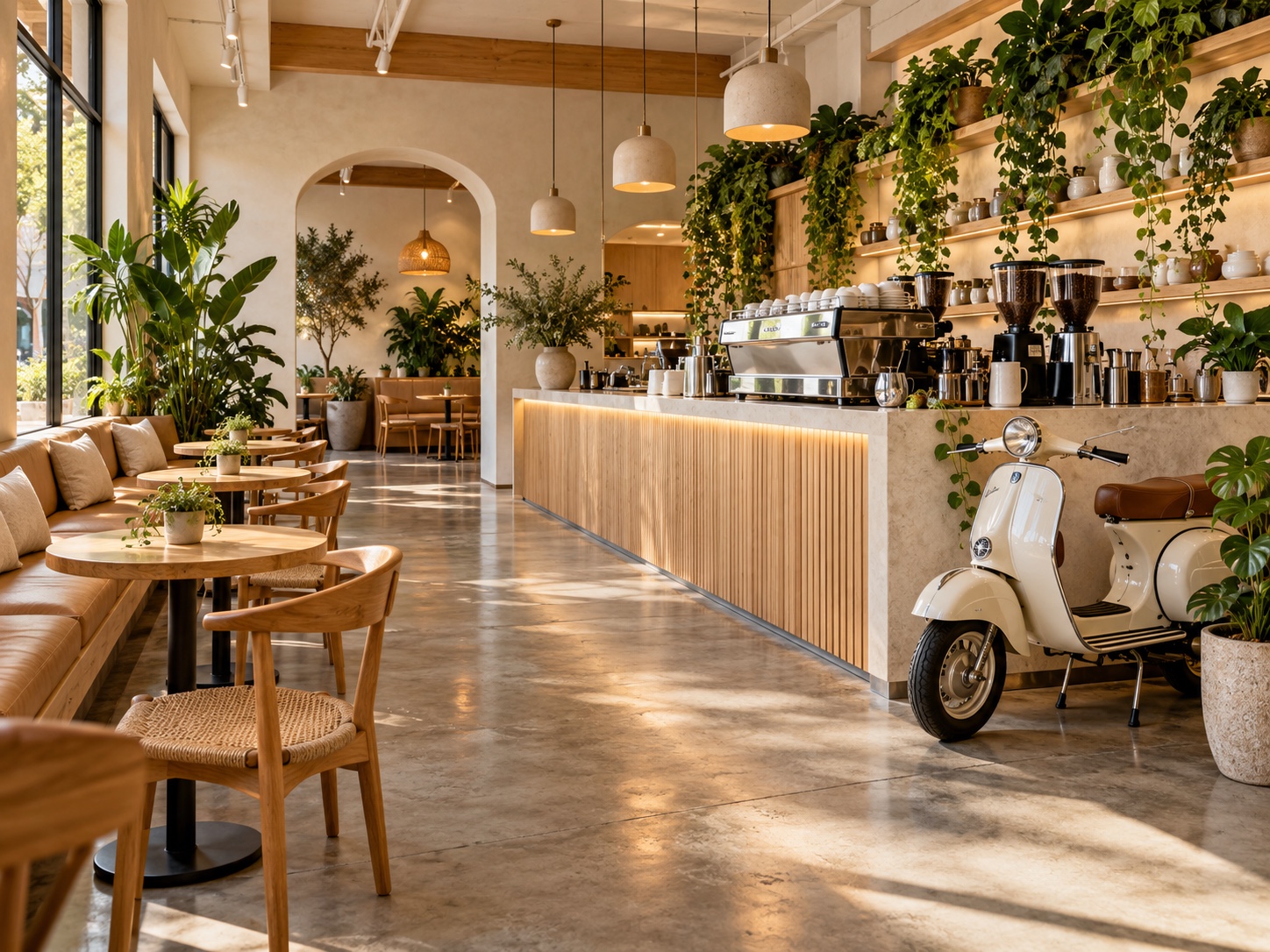 A bright coffee shop interior with wood seating, hanging plants and a cream Vespa