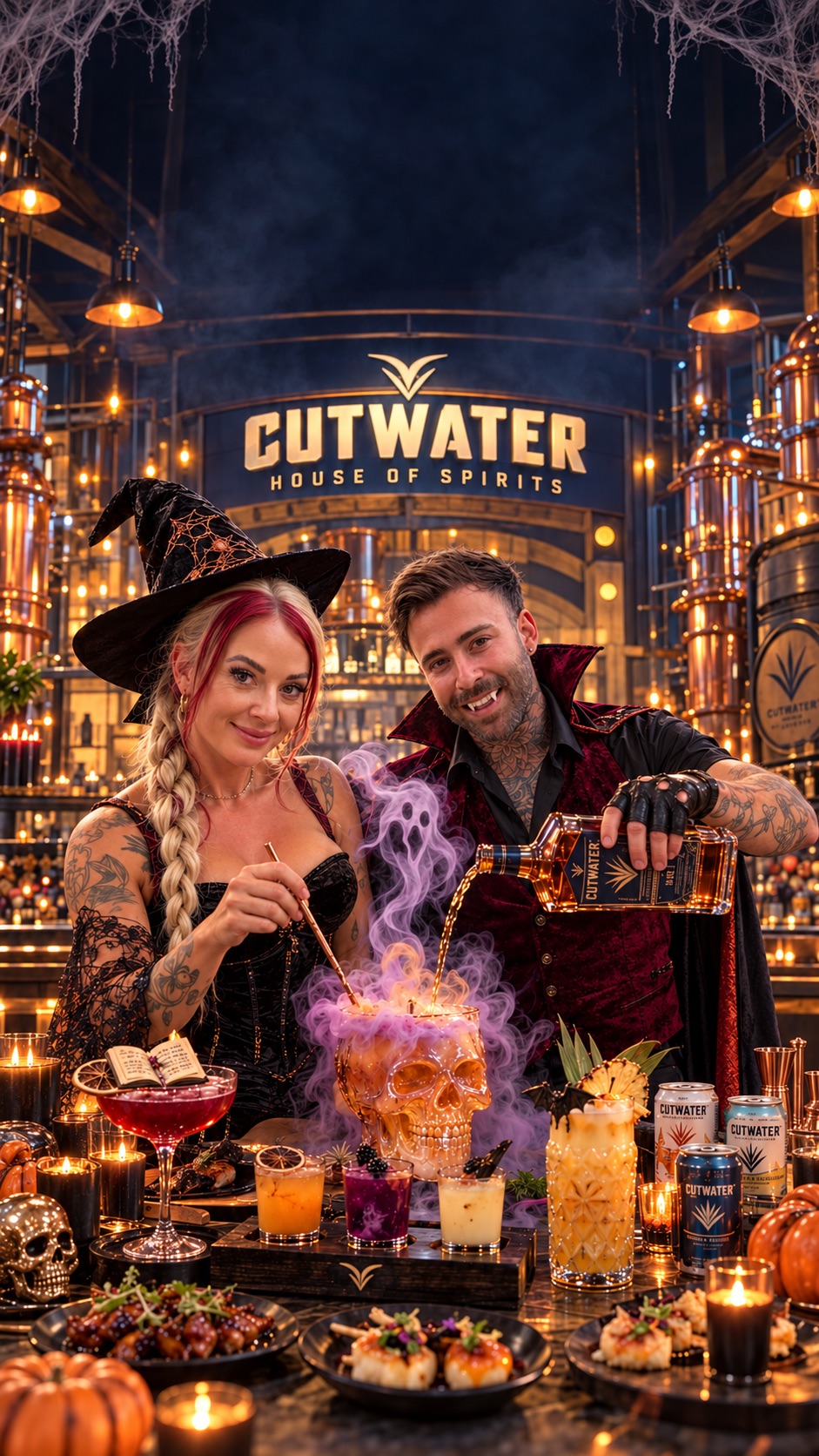 Lana and Kyle dressed for Halloween behind a Cutwater House of Spirits bar filled with seasonal cocktails