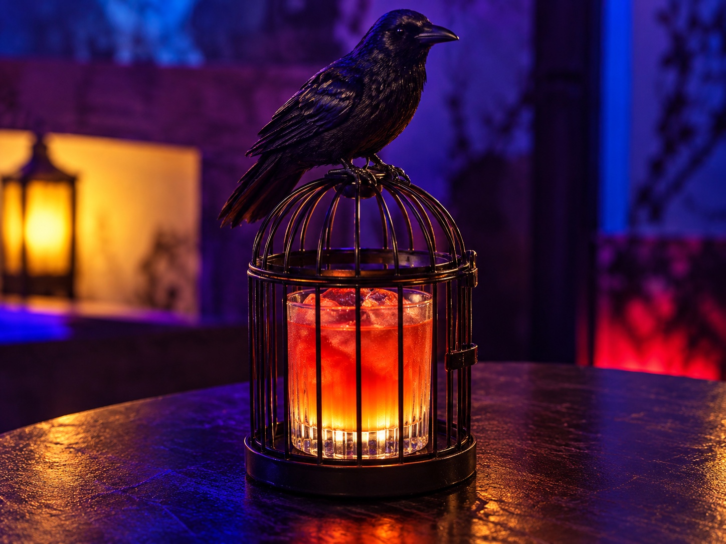 A glowing Halloween cocktail inside a black birdcage topped with a raven at Cutwater House of Spirits