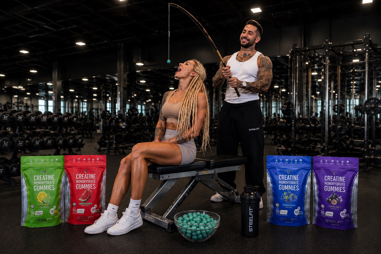 Kyle fishing for Lana with SteelFit creatine gummies