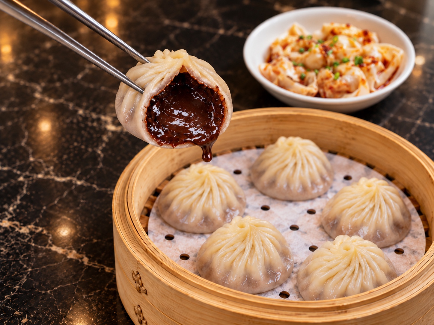 Chocolate and mochi xiao long bao opened over a bamboo basket with spicy chicken wontons behind it