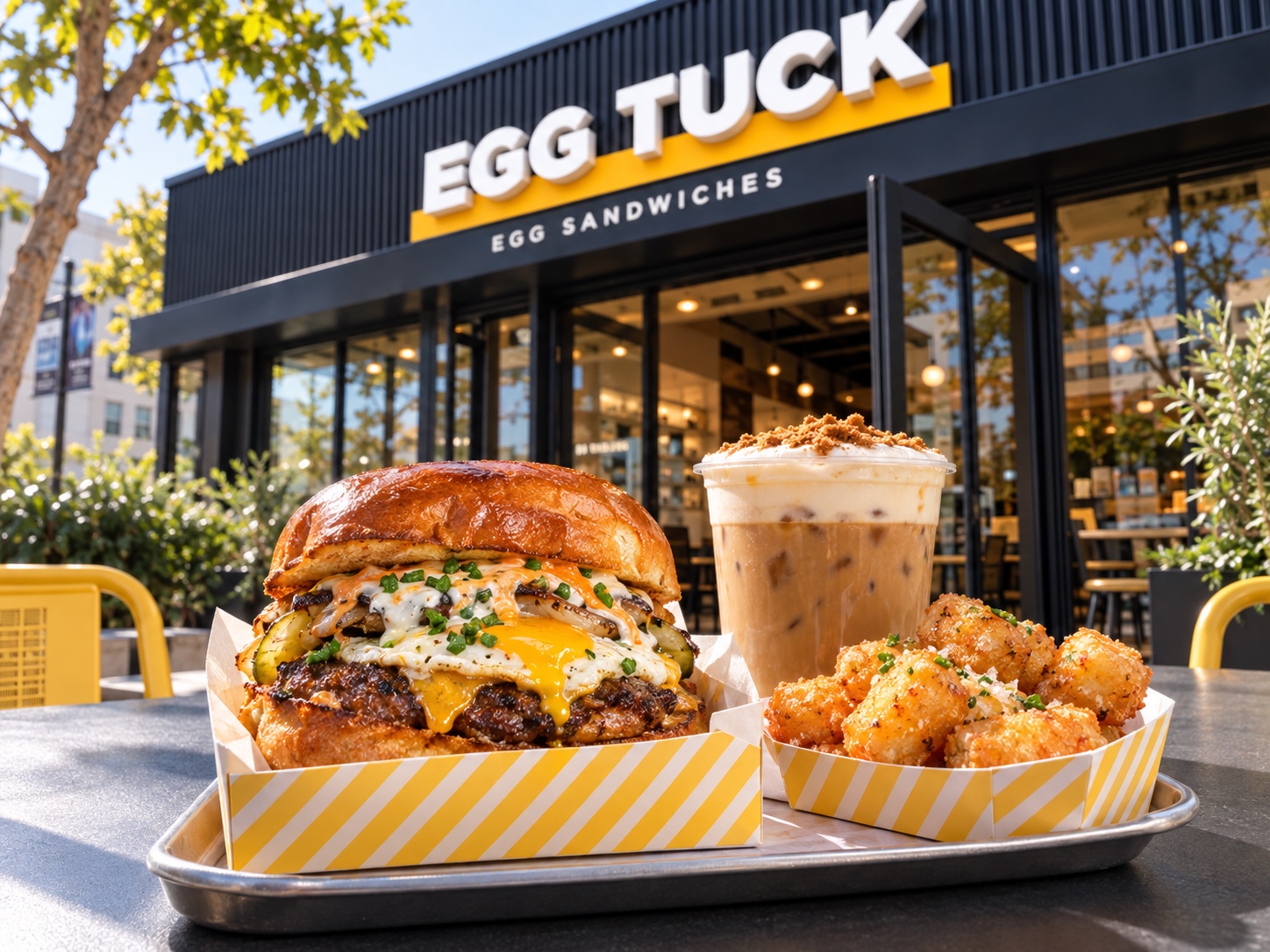 Egg Tuck storefront with a breakfast sandwich, iced coffee and tater tots