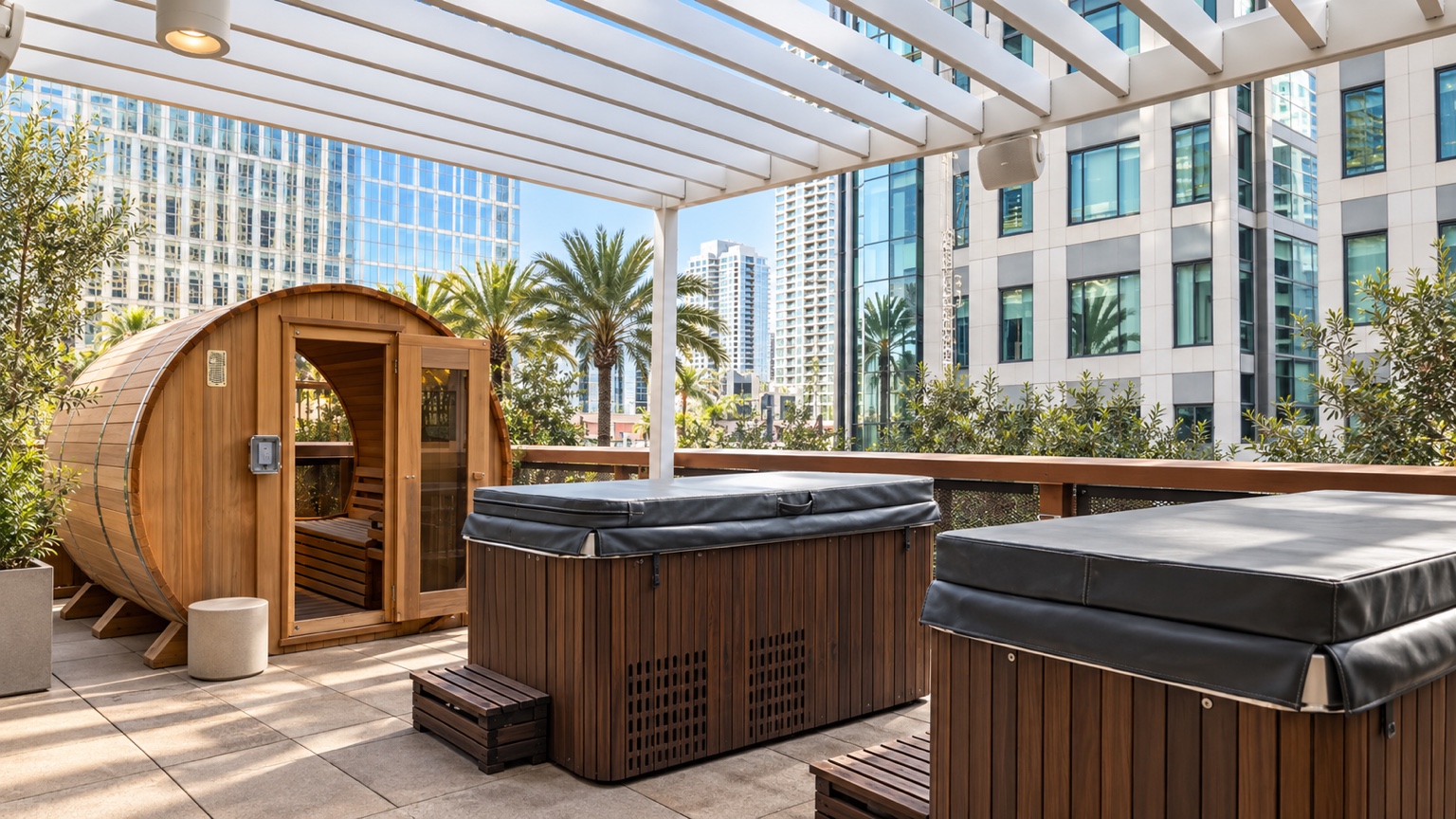 Equinox San Diego rooftop sauna and cold plunge tubs overlooking Downtown