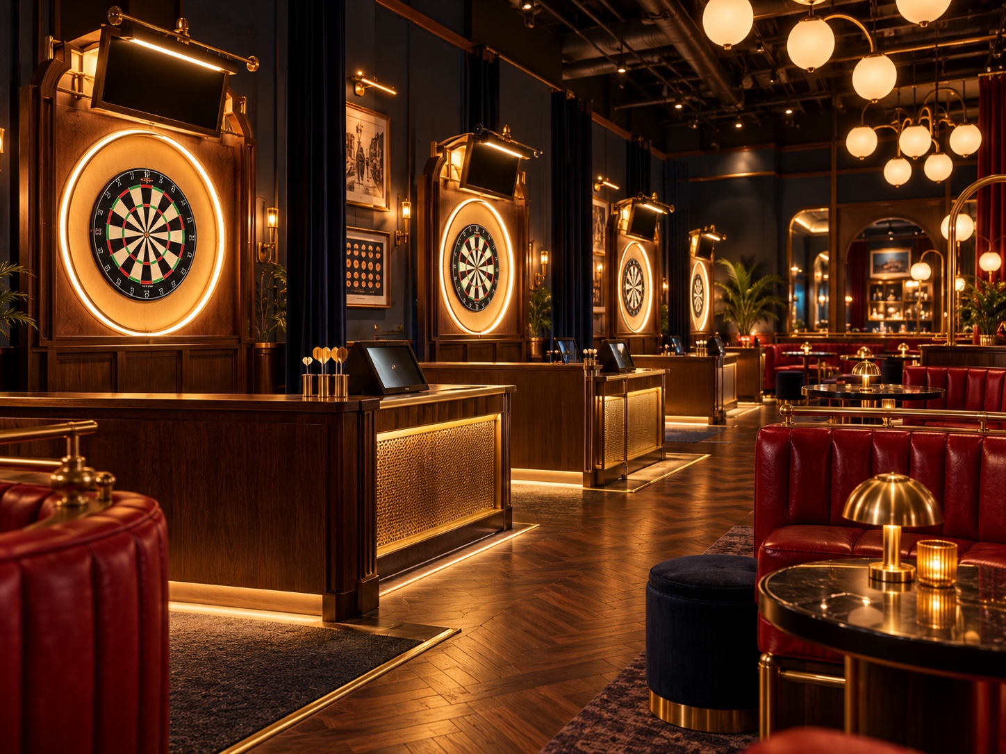 Warm wood dart stations and red seating inside Flight Club