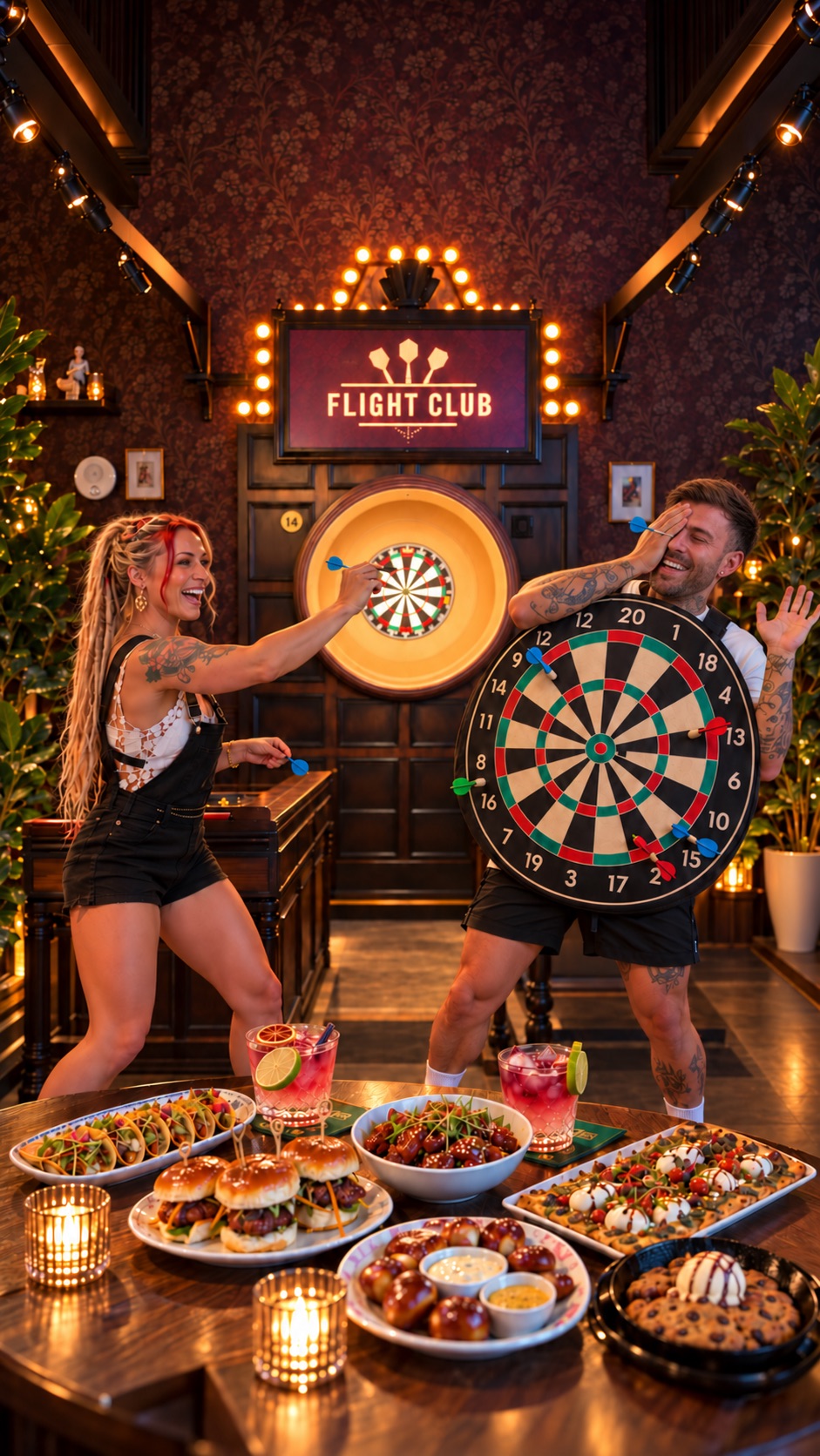 Lana and Kyle joking at a dartboard at Flight Club