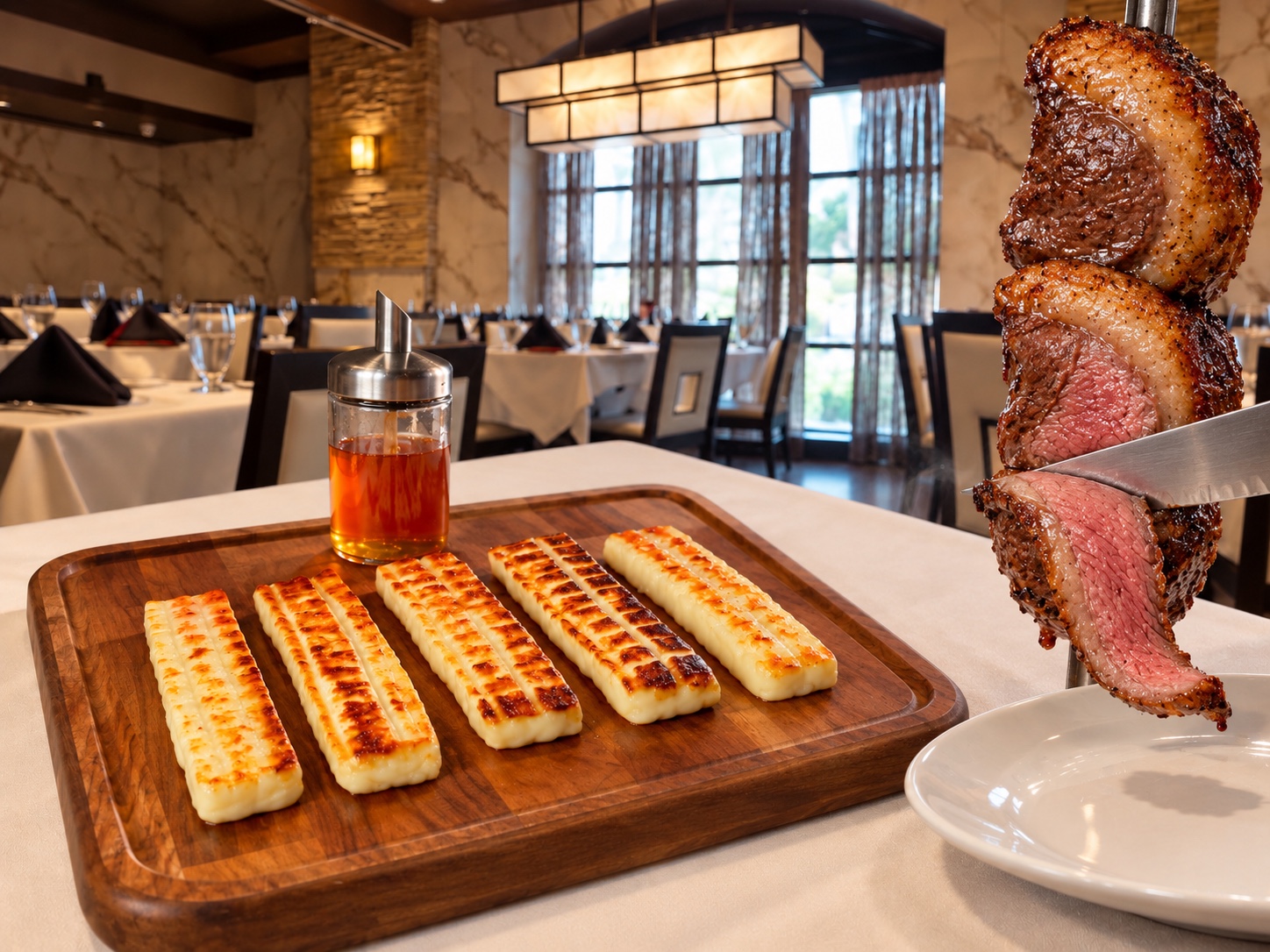 Tableside picanha beside grilled cheese and honey inside Galpão Gaucho