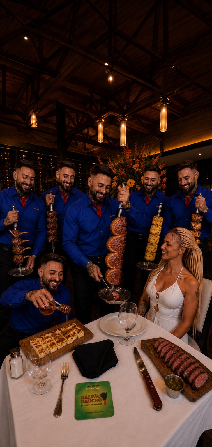 Lana seated at Galpão Gaucho while gaucho chefs present skewers of grilled meats and cheese with honey