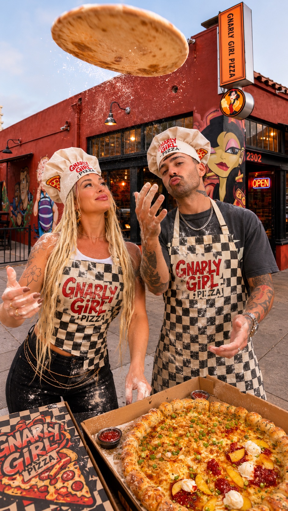Lana and Kyle tossing pizza dough outside Gnarly Girl Pizza in San Diego