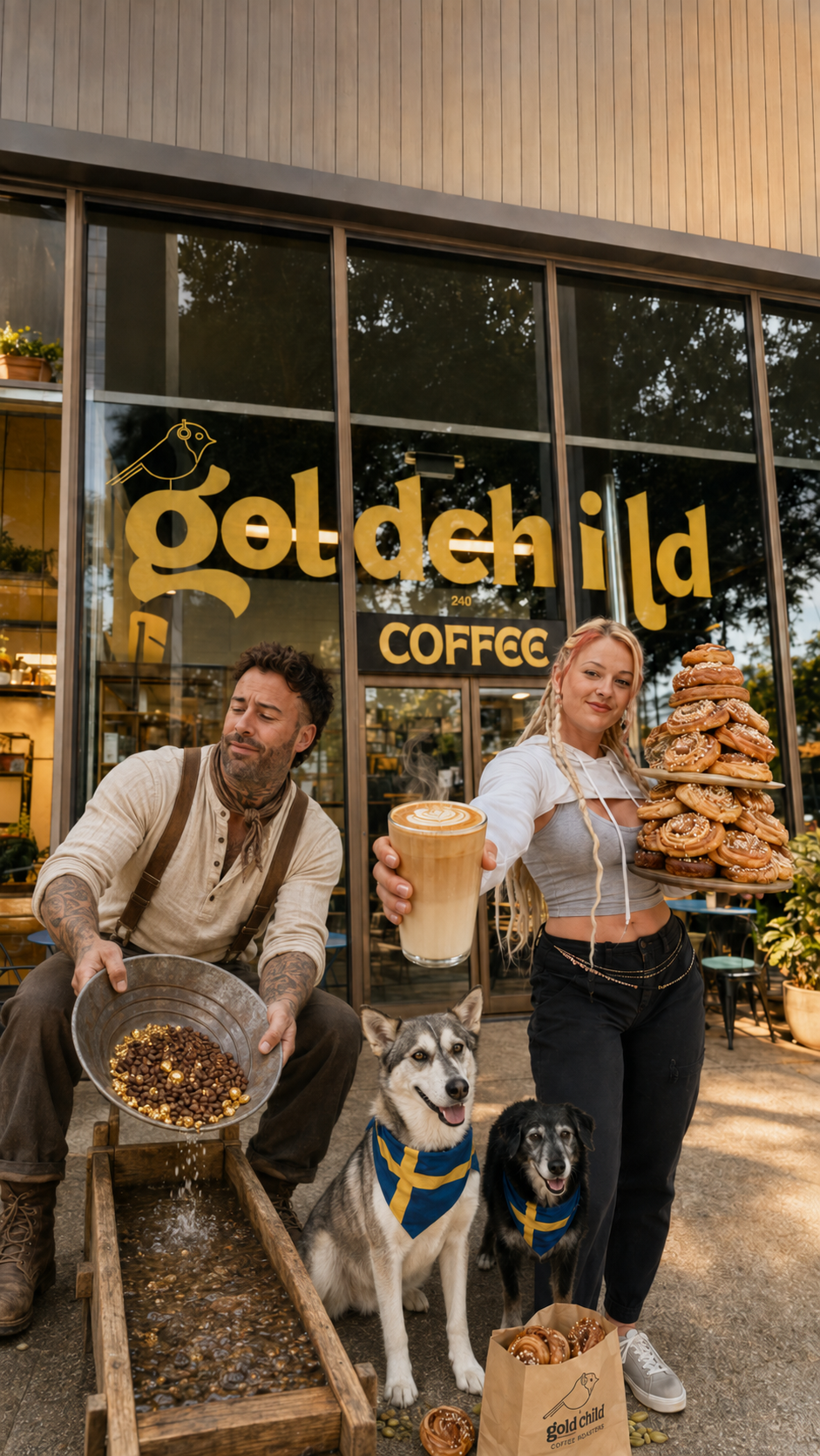 Lana, Kyle and their dogs outside Goldchild Coffee Roasters with coffee and cardamom buns
