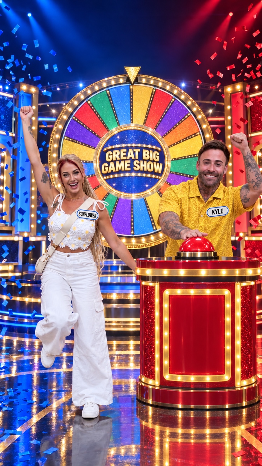 Lana and Kyle competing on a colorful Great Big Game Show set
