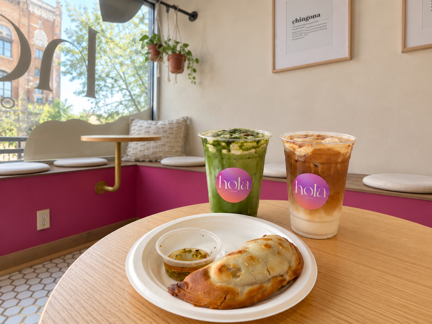 Two Hola drinks and an empanada with chimichurri in the bright pink café