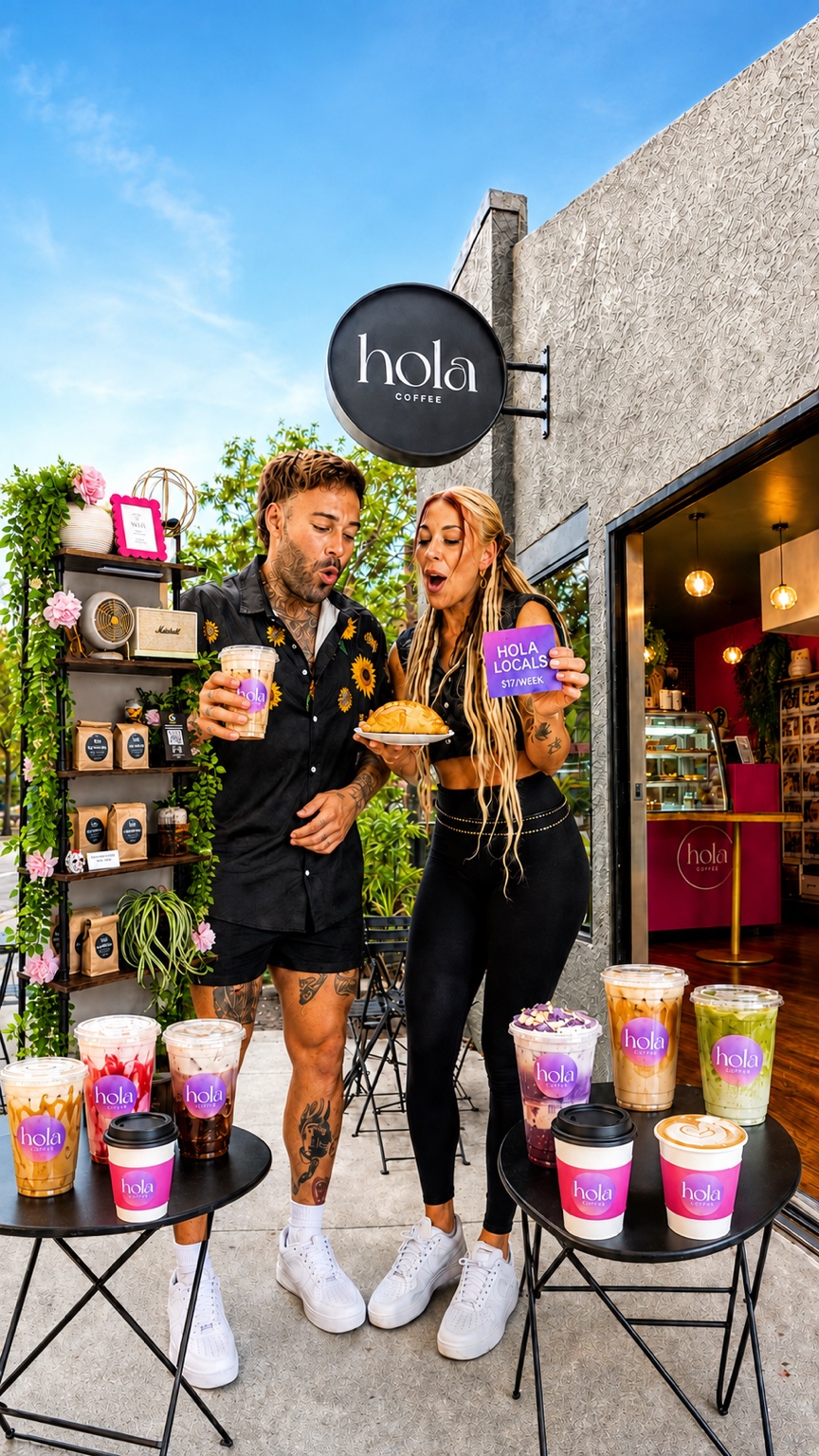 Lana and Kyle outside Hola Coffee with drinks, an empanada and a Hola Locals membership card