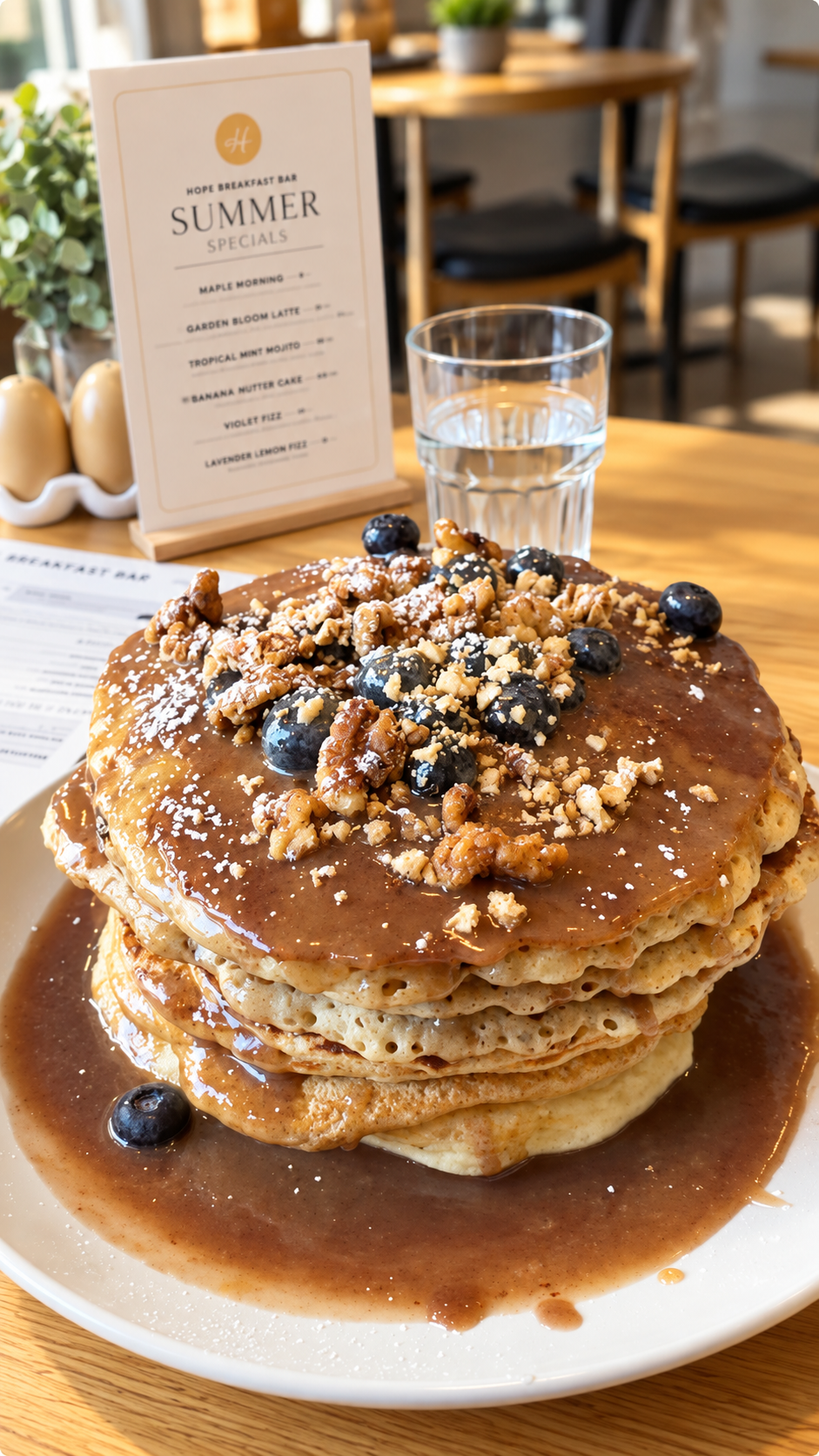 The actual Hope Breakfast Bar Tower of Power pancakes with sauce, blueberries and walnuts