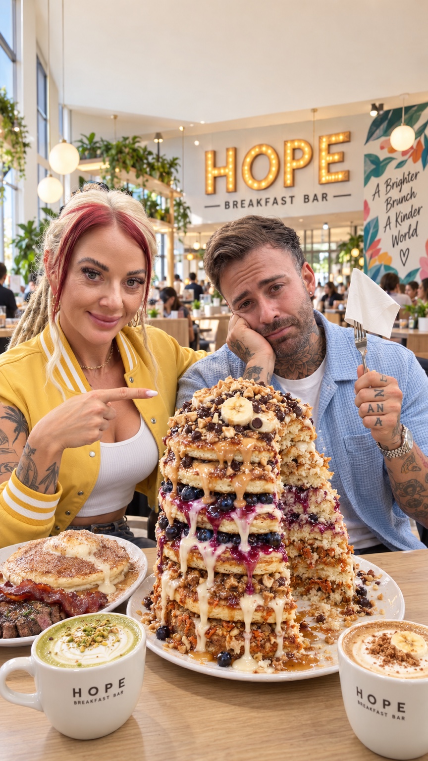 Lana and Kyle with the Hope Breakfast Bar Tower of Power, a stack of three Monkey Cakes, three Blueberry Cakes and three Carrot Cakes in Minneapolis