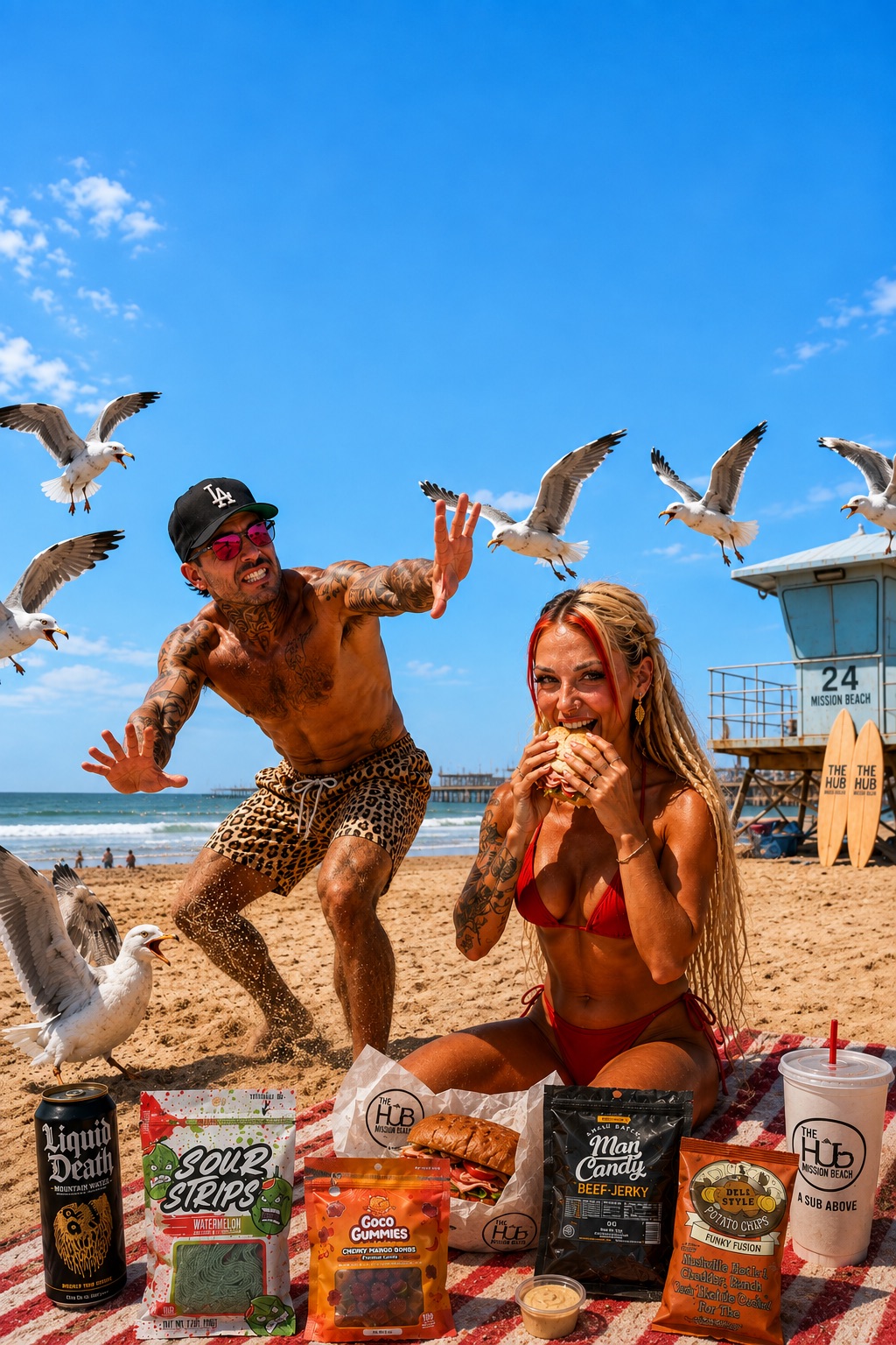 Lana and Kyle in a playful HUB beach lunch cover at Mission Beach