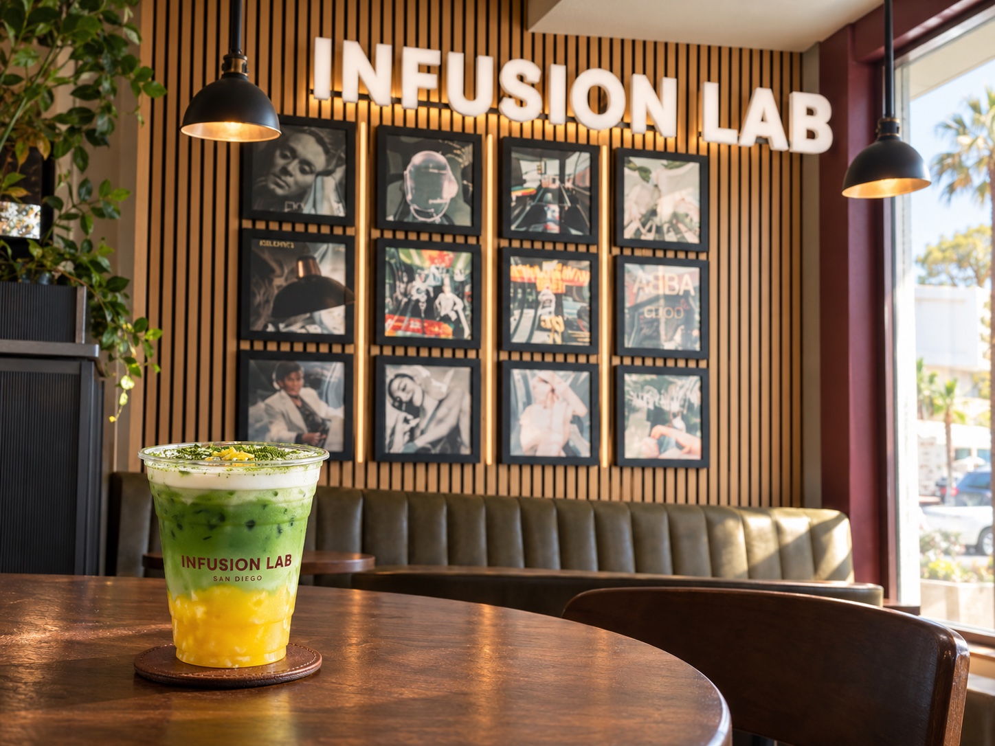 Mango Matcha on a table beneath the Infusion Lab sign and record wall