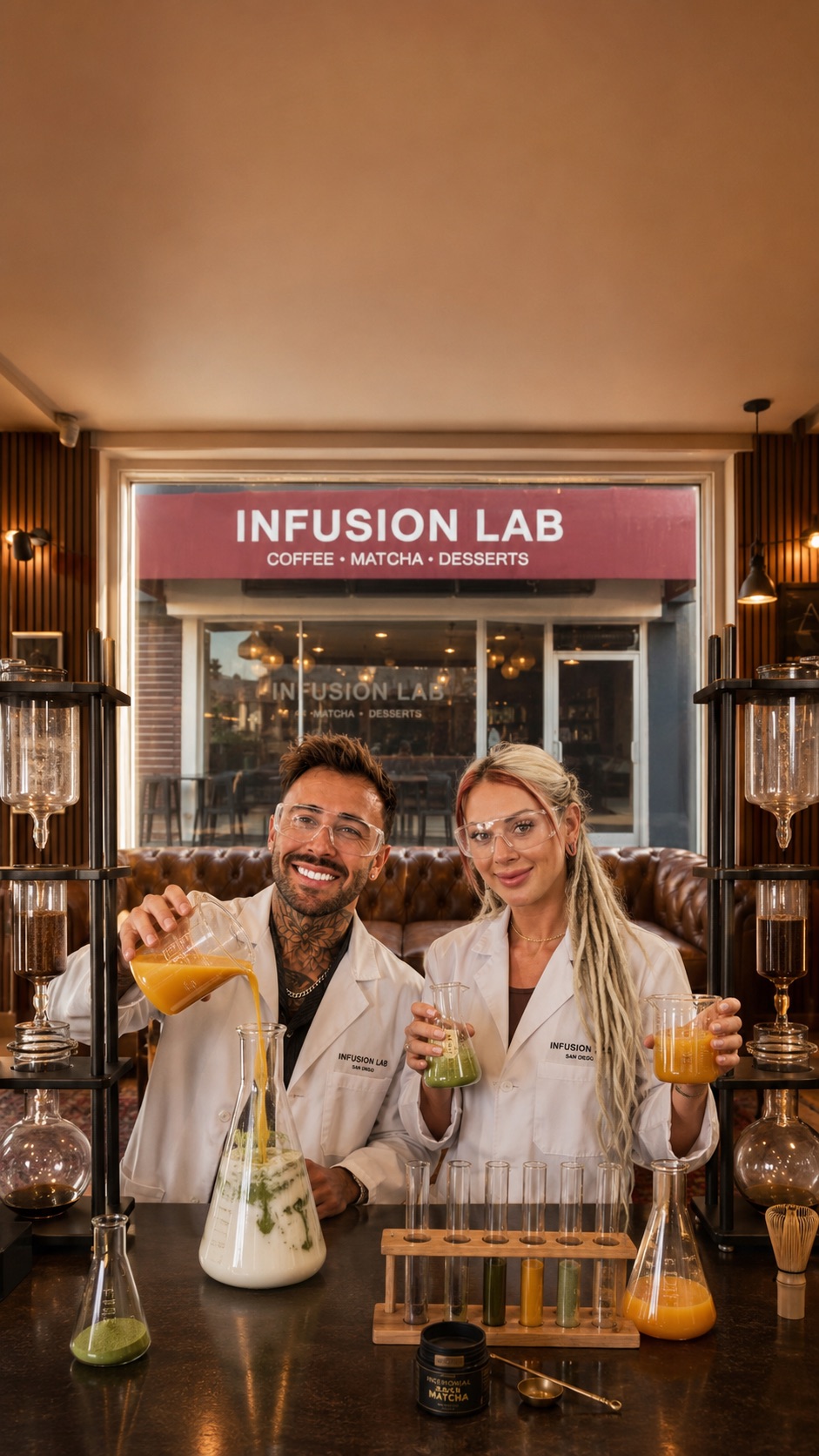 Lana and Kyle dressed as coffee scientists inside Infusion Lab
