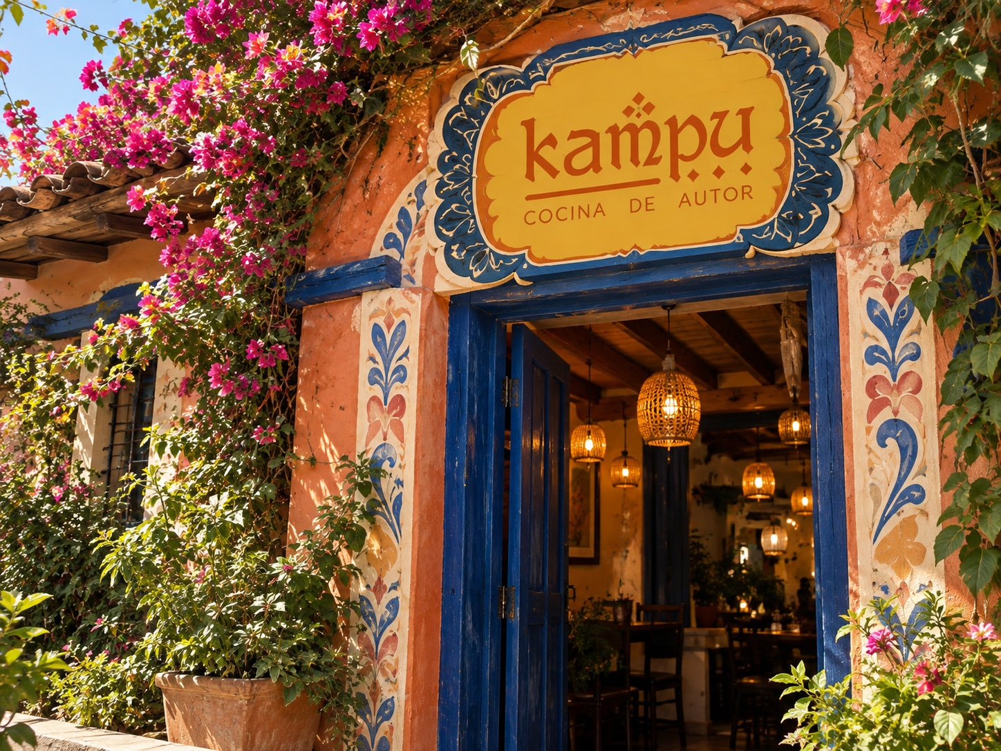 The colorful Kampu entrance with blue doors and bougainvillea