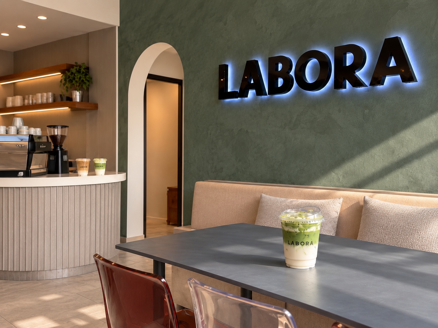 A matcha drink on a table beneath the Labora sign in a softly lit café