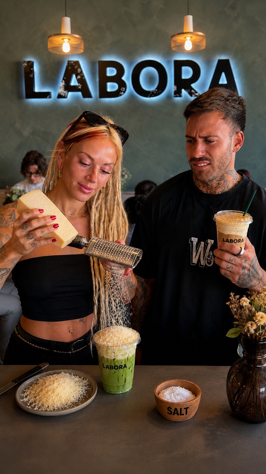 Lana and Kyle with Labora drinks in a playful cheese themed café cover