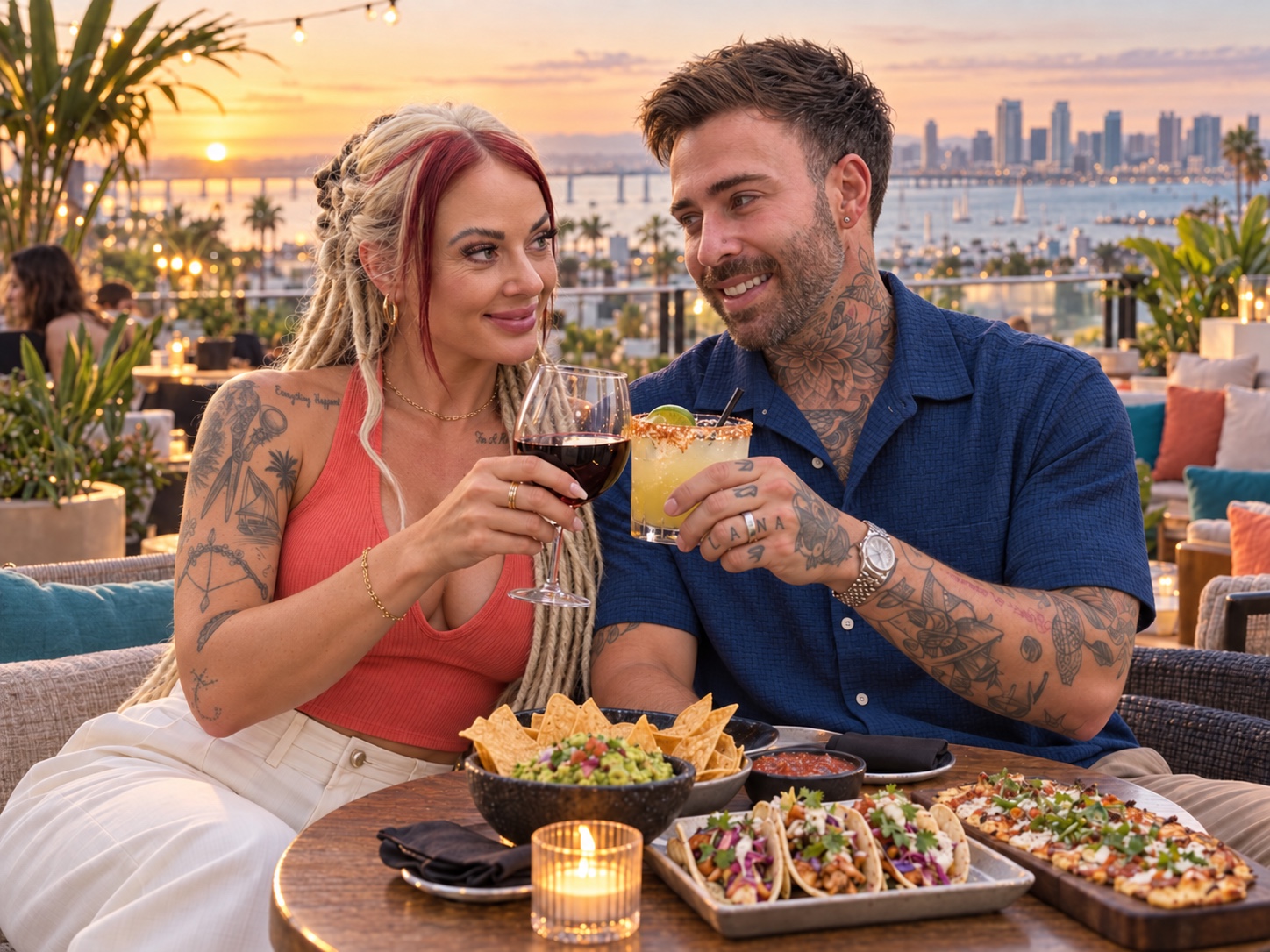 Lana and Kyle sharing drinks during rooftop happy hour