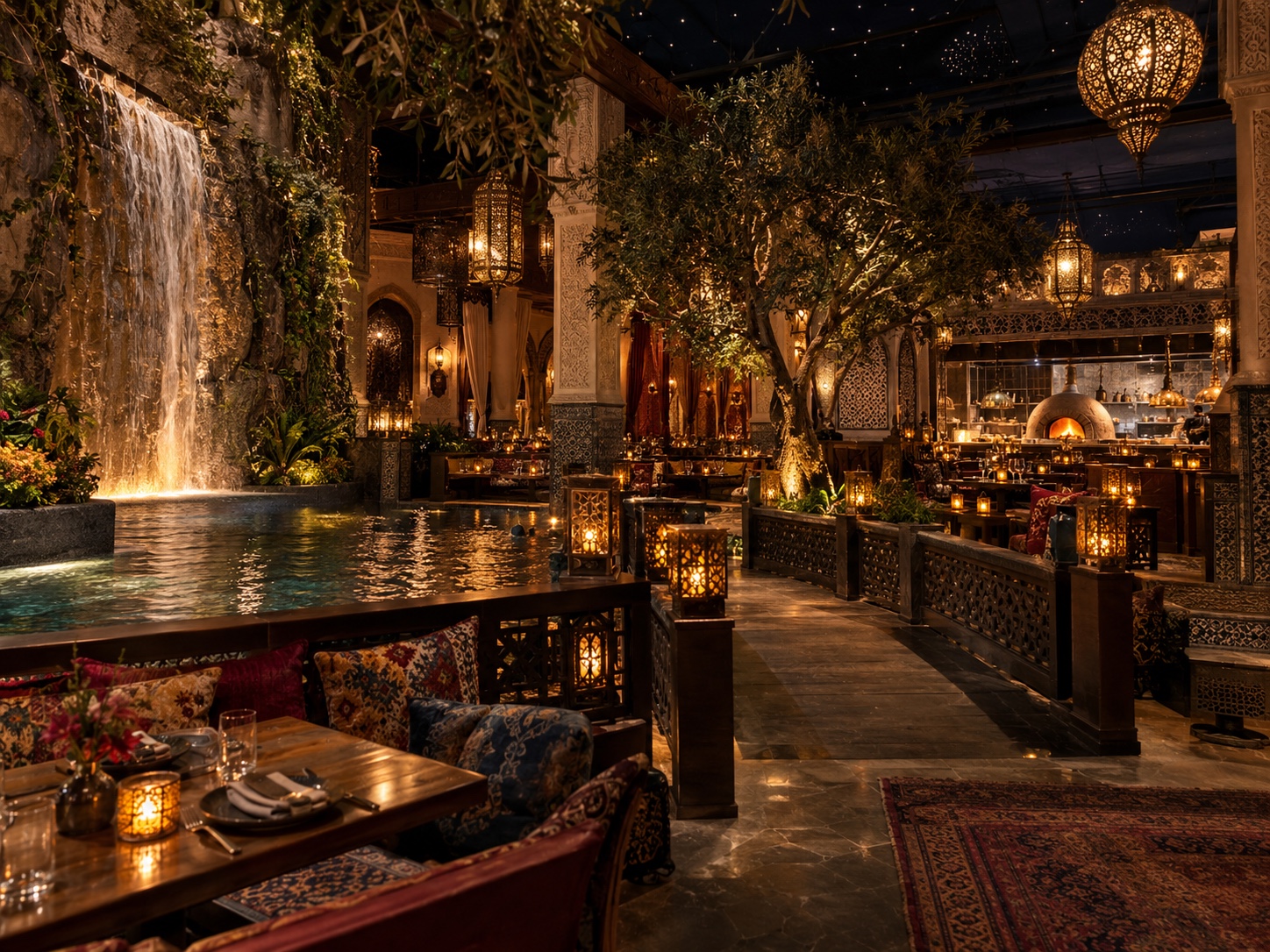 An atmospheric interior with lanterns, trees and a waterfall