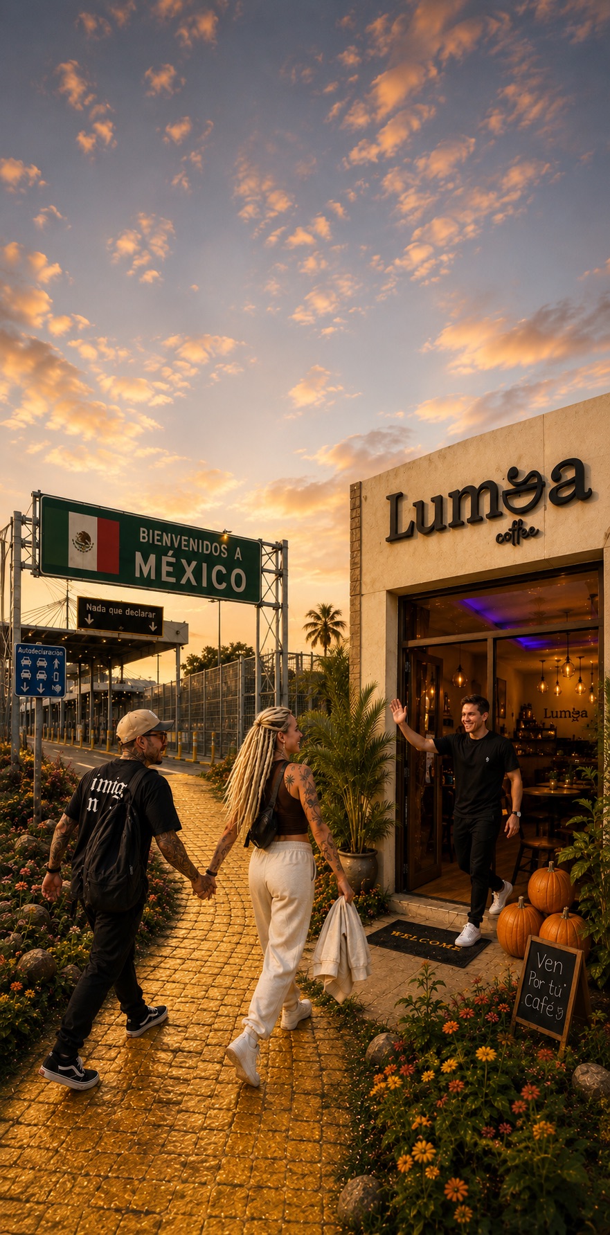 Lana and Kyle arriving at Lumea Coffee in Tijuana near the Mexico border crossing