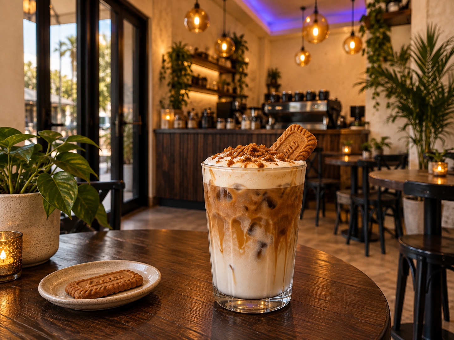 Iced Biscoff latte topped with cold foam and a cookie