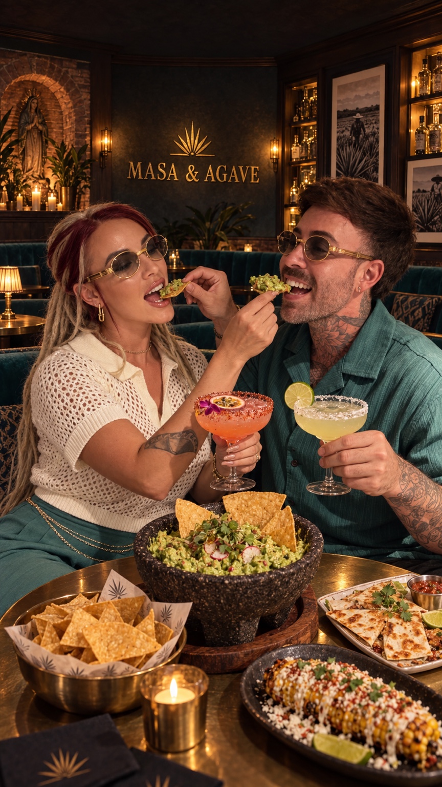 Lana and Kyle sharing chips, margaritas, quesadilla and elotes at Masa and Agave in Minneapolis
