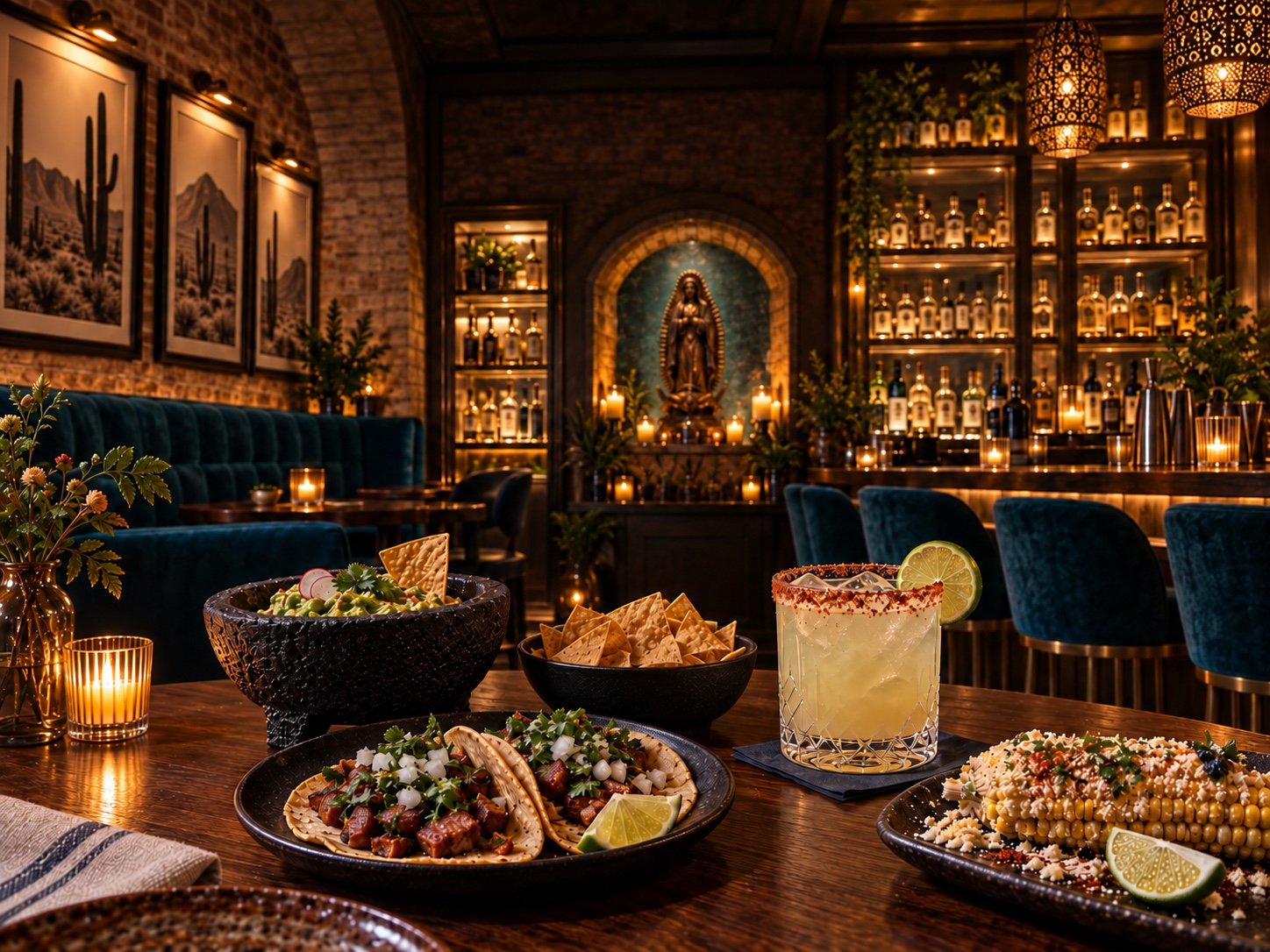 Tacos, guacamole, elotes and a margarita in the candlelit Masa and Agave bar