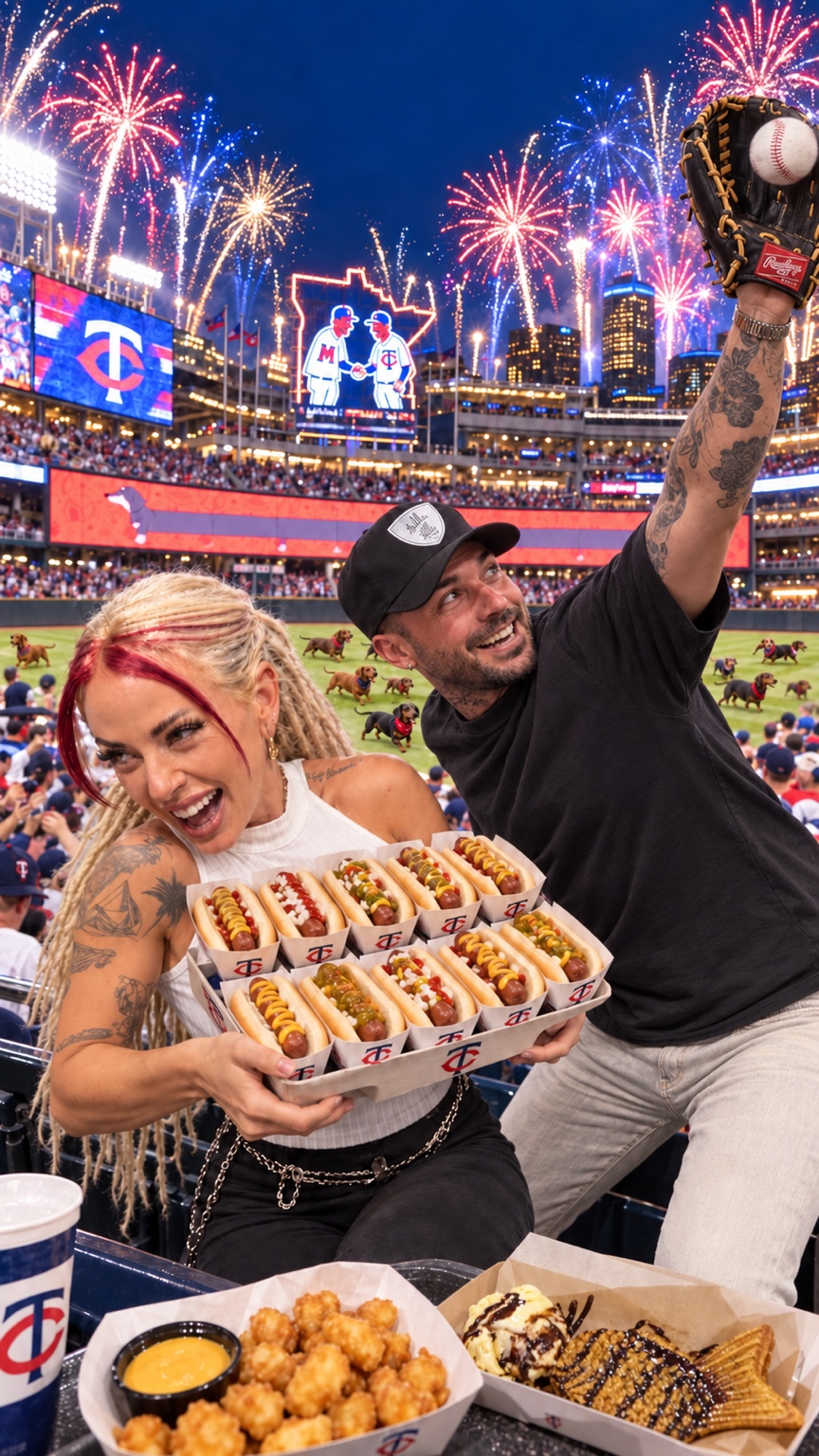 Lana and Kyle enjoying a Minnesota Twins game at Target Field with hot dogs, fireworks and the Minnie and Paul sign