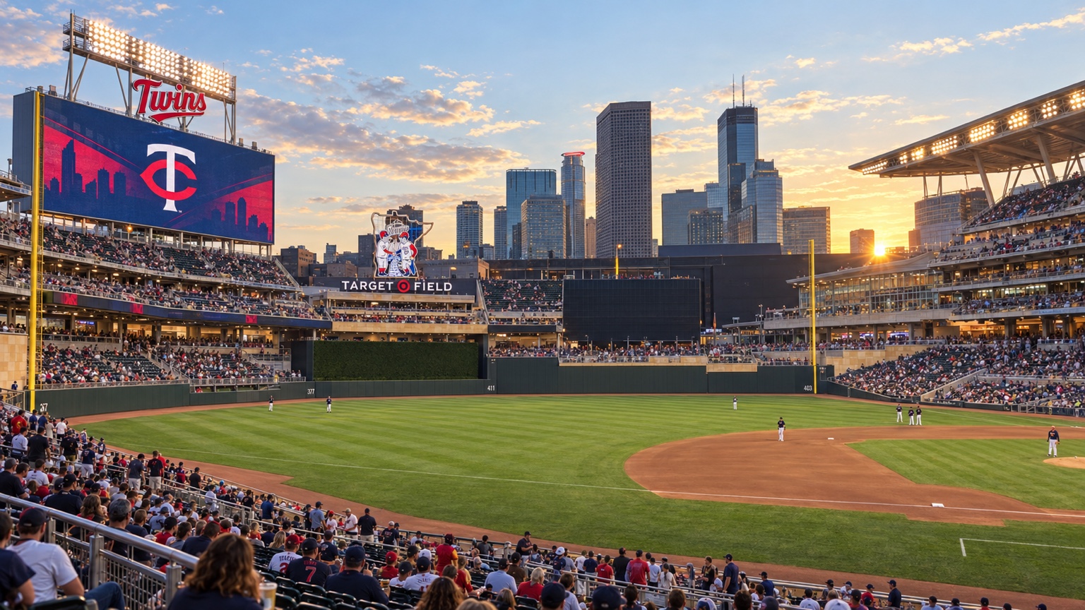 Minnesota Twins game at Target Field with the Minneapolis skyline at sunset