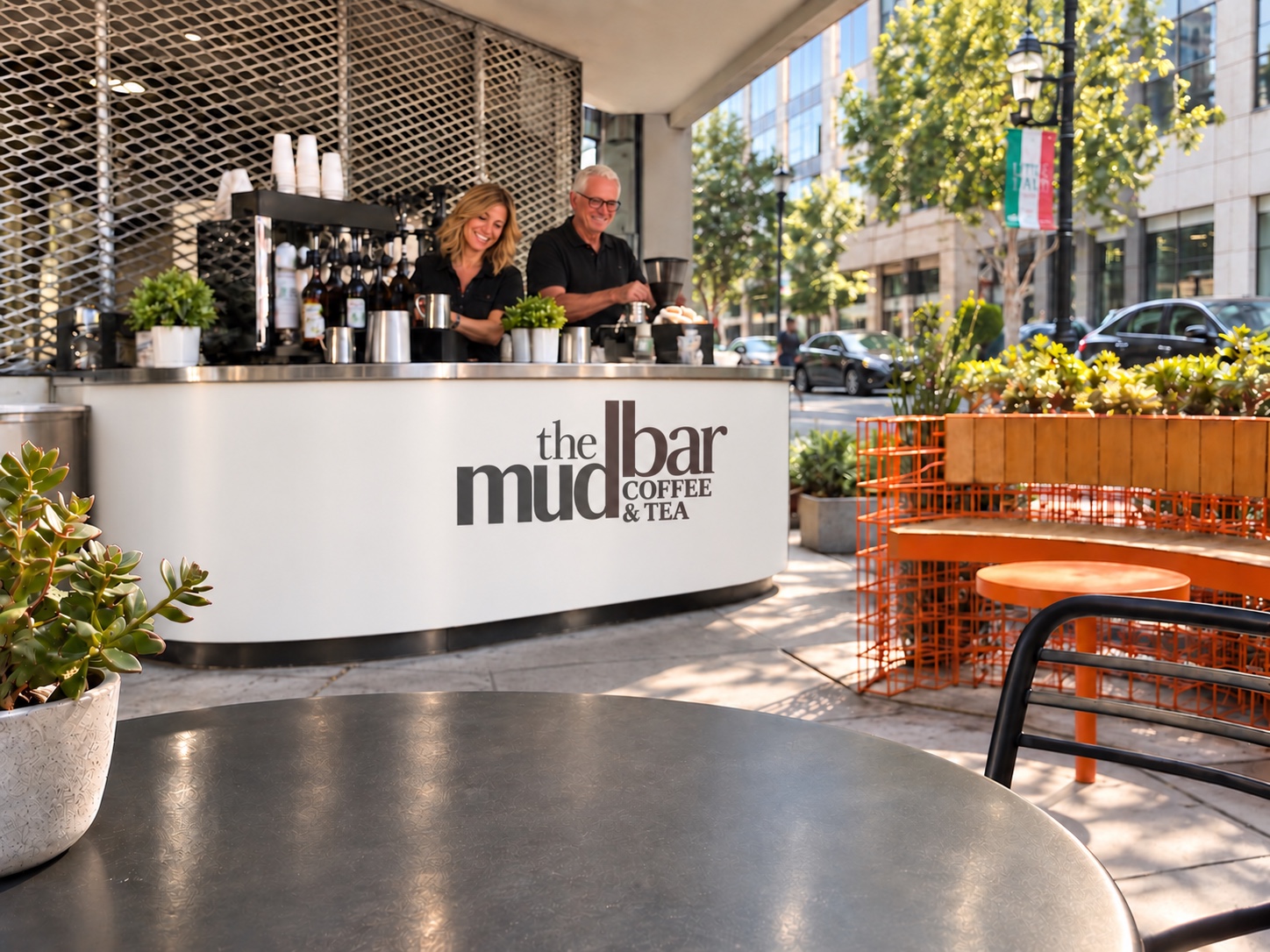 Mud Bar Coffee and Tea sidewalk kiosk with outdoor seating